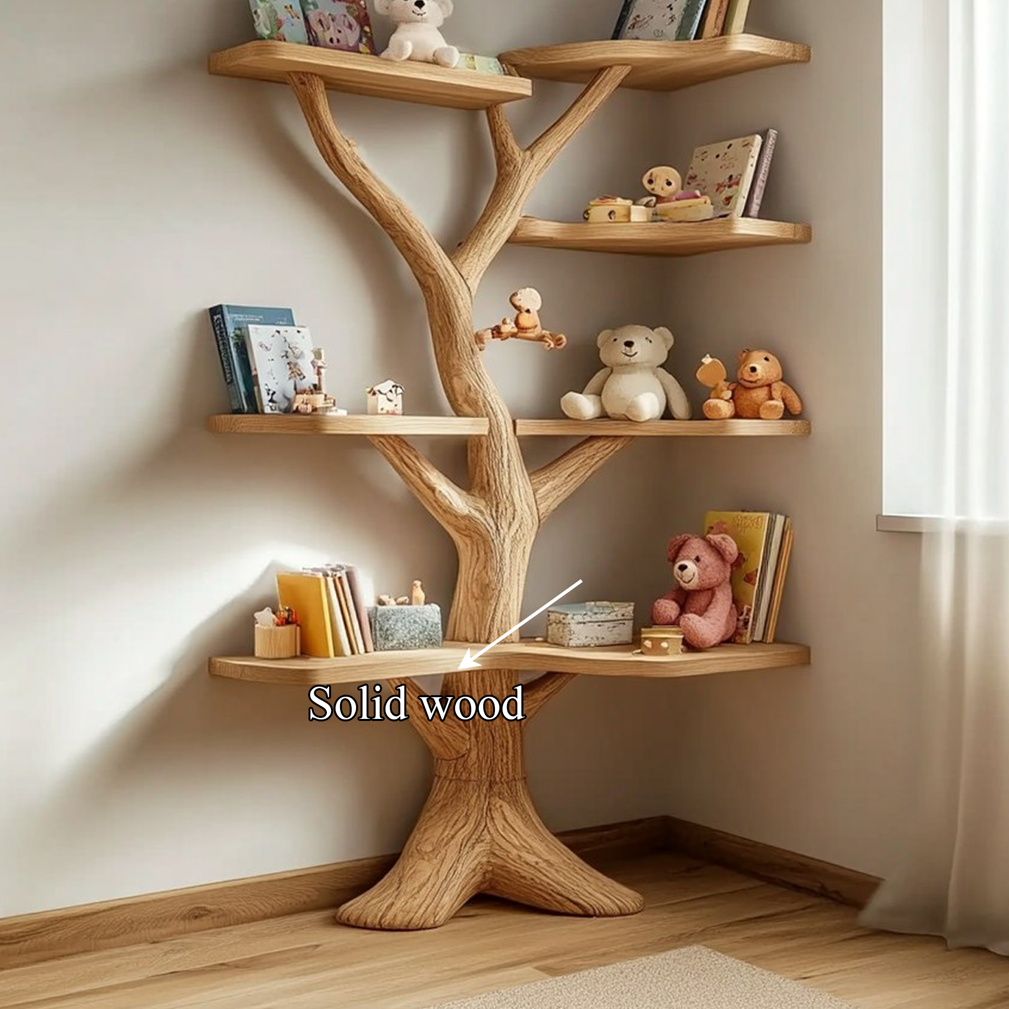 Handcrafted Tree Corner Shelf For Kids Room Book Storage