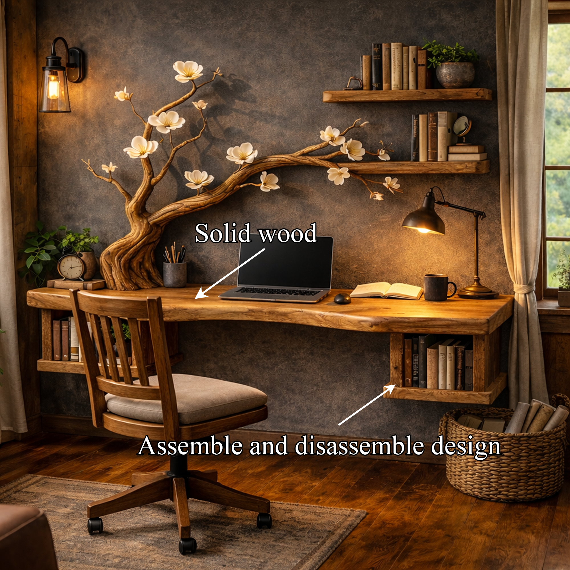 Organic Sculptural Floating Desk With Tree Branch Art For Home Office