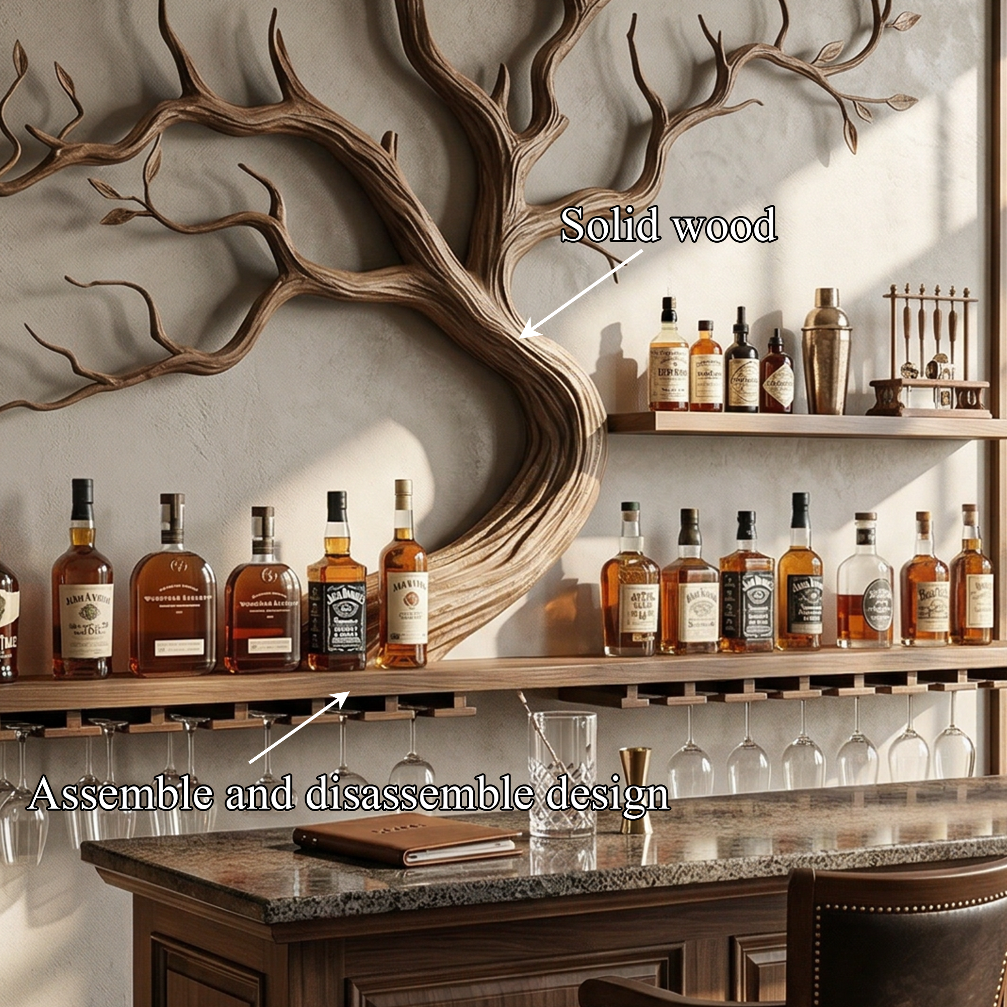 Artistic Tree Branch Wine Rack Wooden Wall Shelf For Kitchen Dining Room Bar