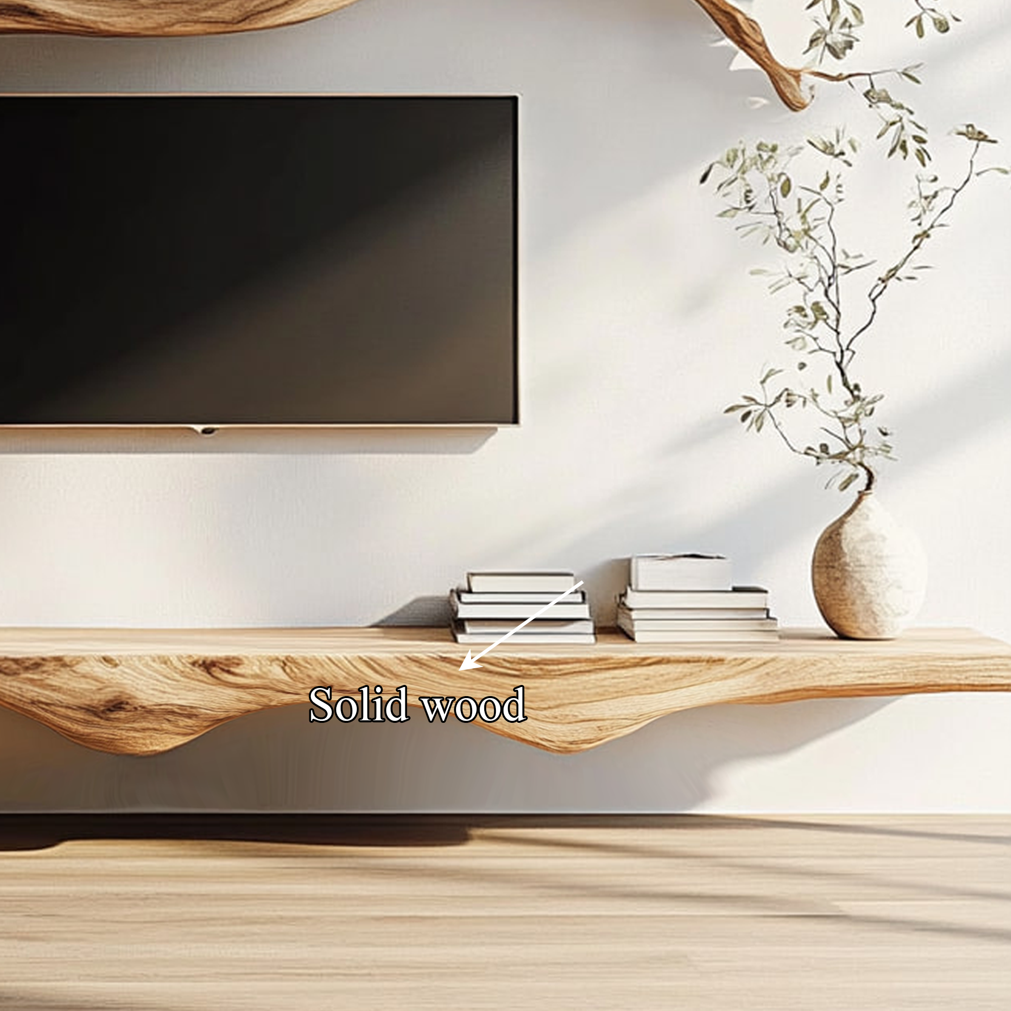 Set 2 Pieces Rustic Floating Wall TV Console Solid Wood Bedroom Living