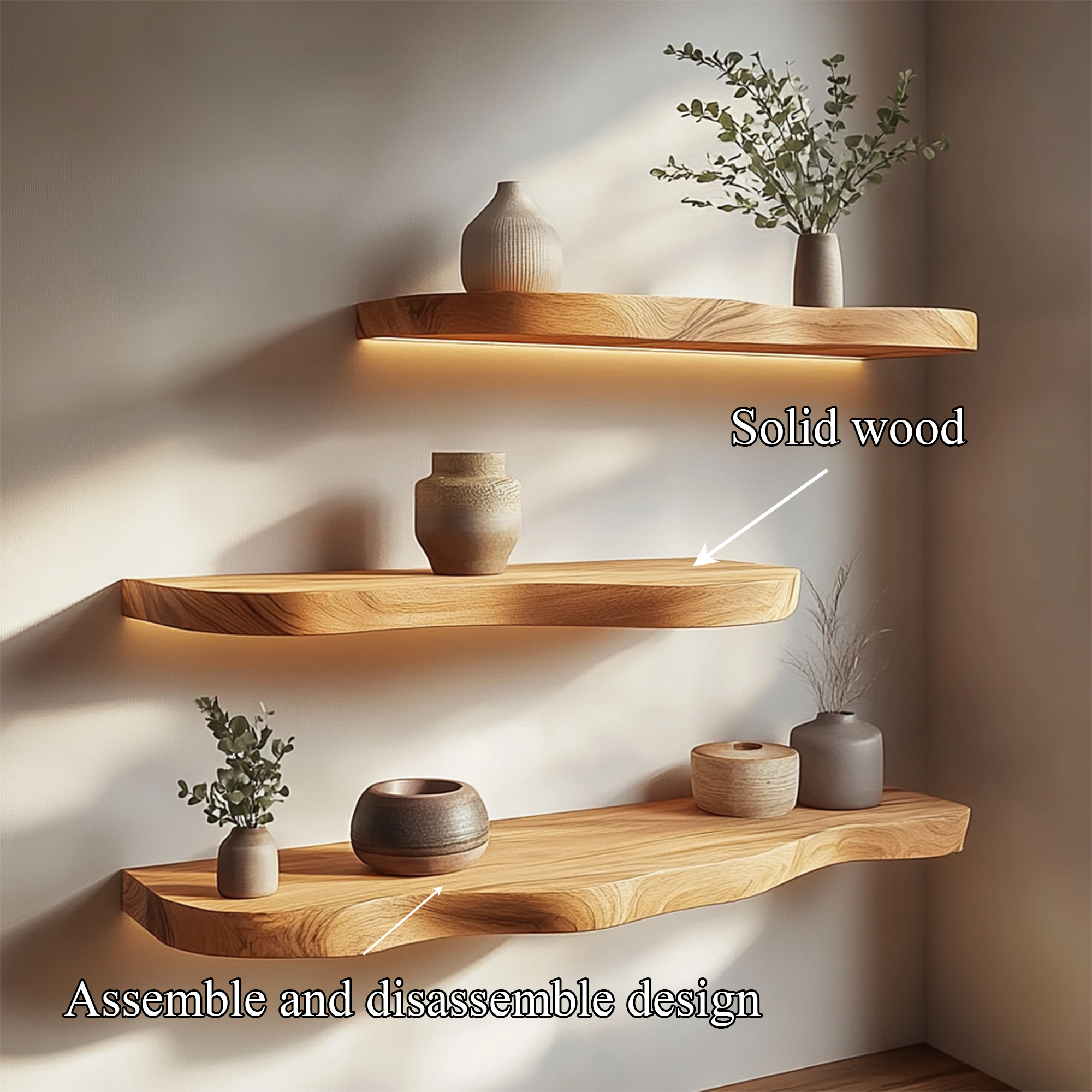 Minimal Solid Wood Floating Shelves For Living Room