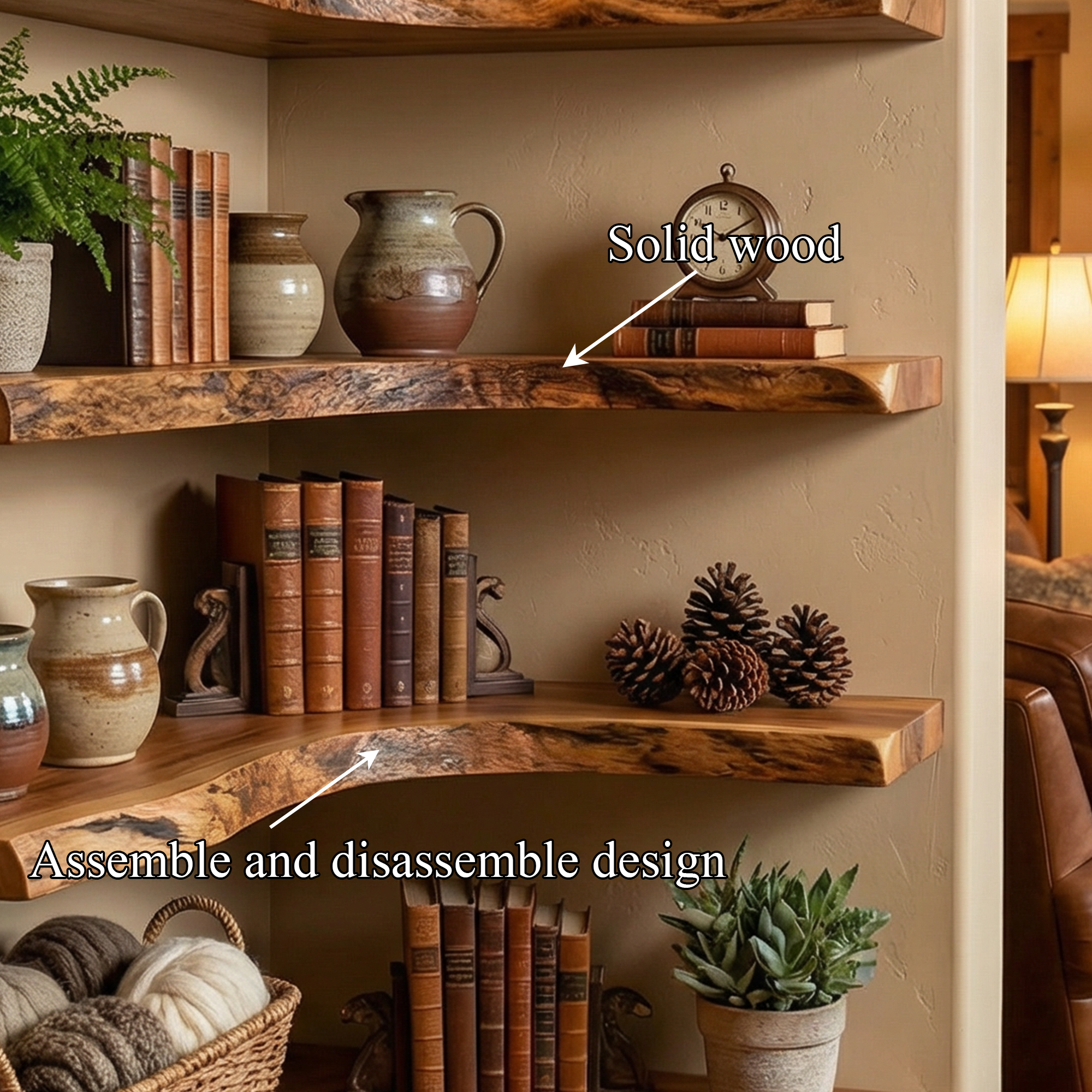 Modern Traditional Corner Floating Shelves Solid Wood Living Room Accent
