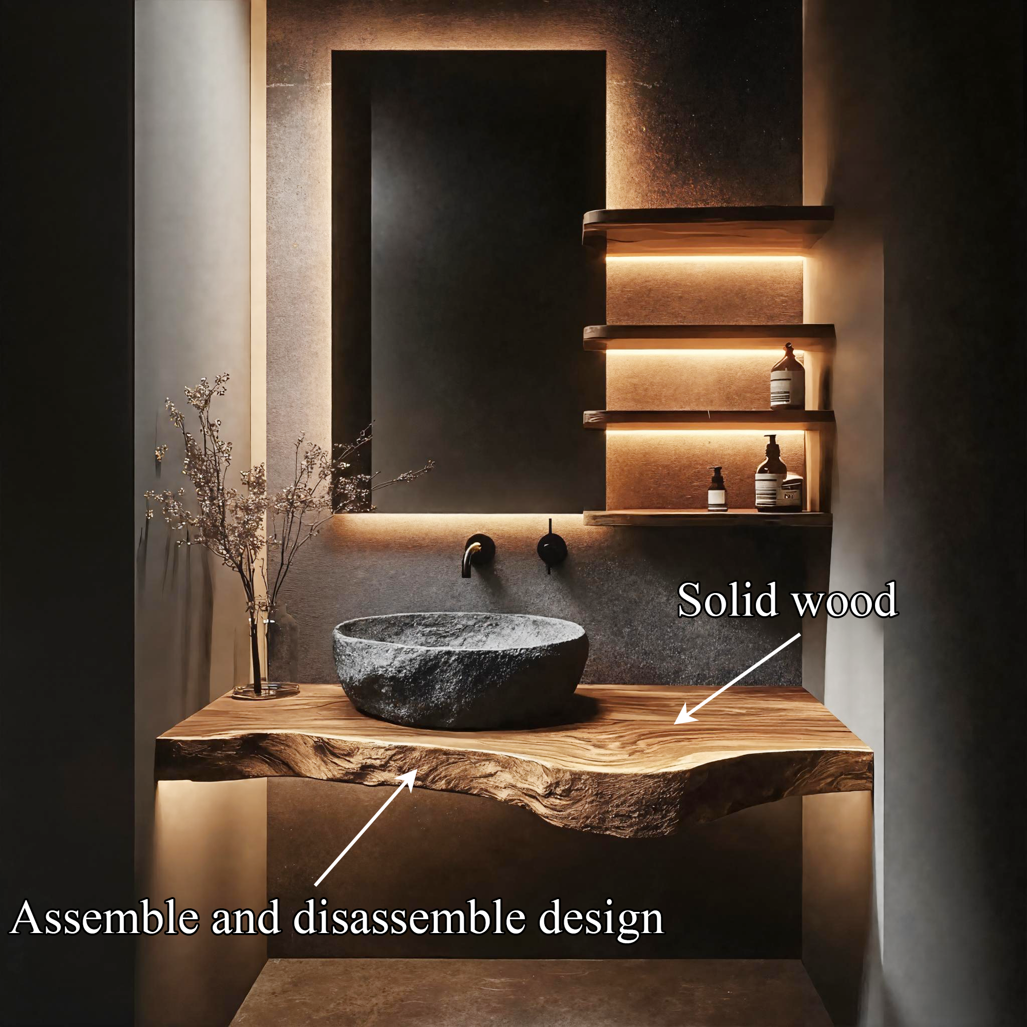 Wabi Sabi Bathroom Vanity Floating Wood Countertop Shelf