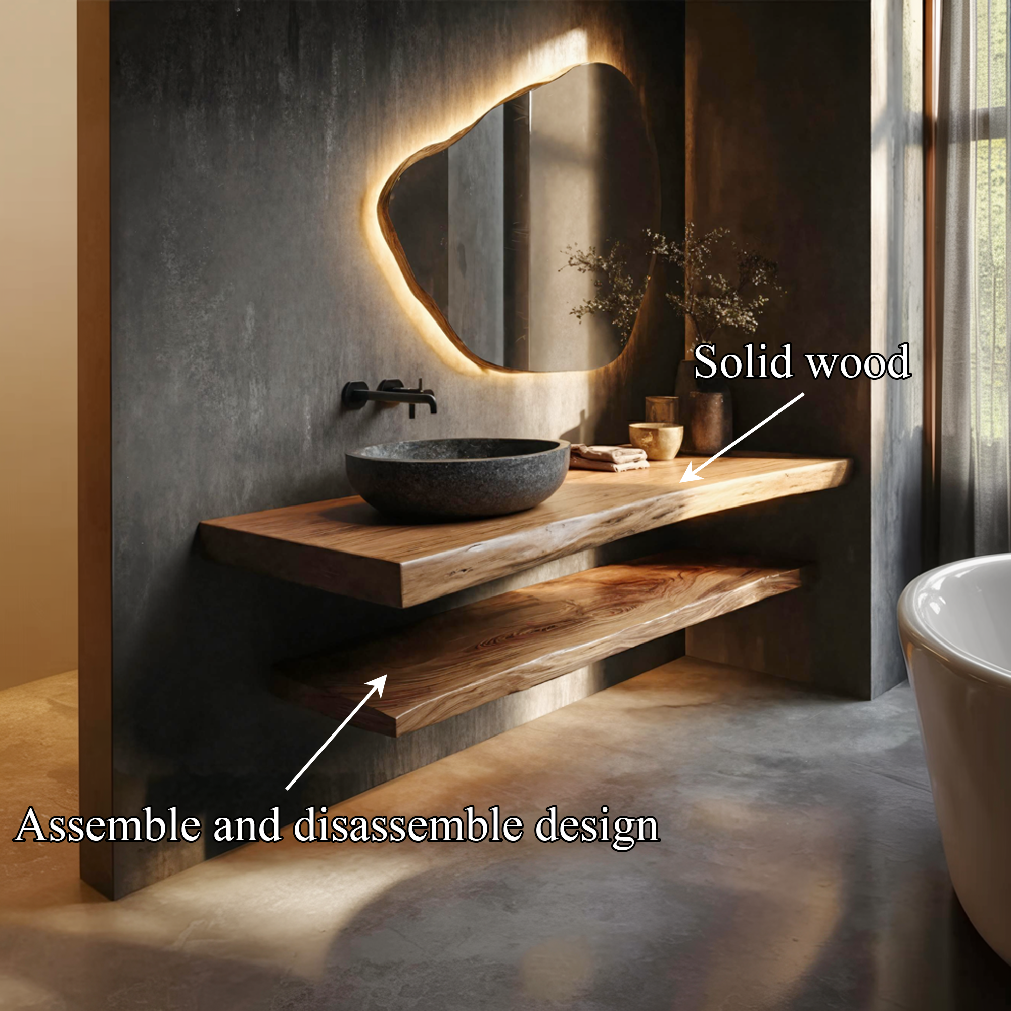 Japandi Style Bathroom Vanity Live Edge Floating Counter Shelf