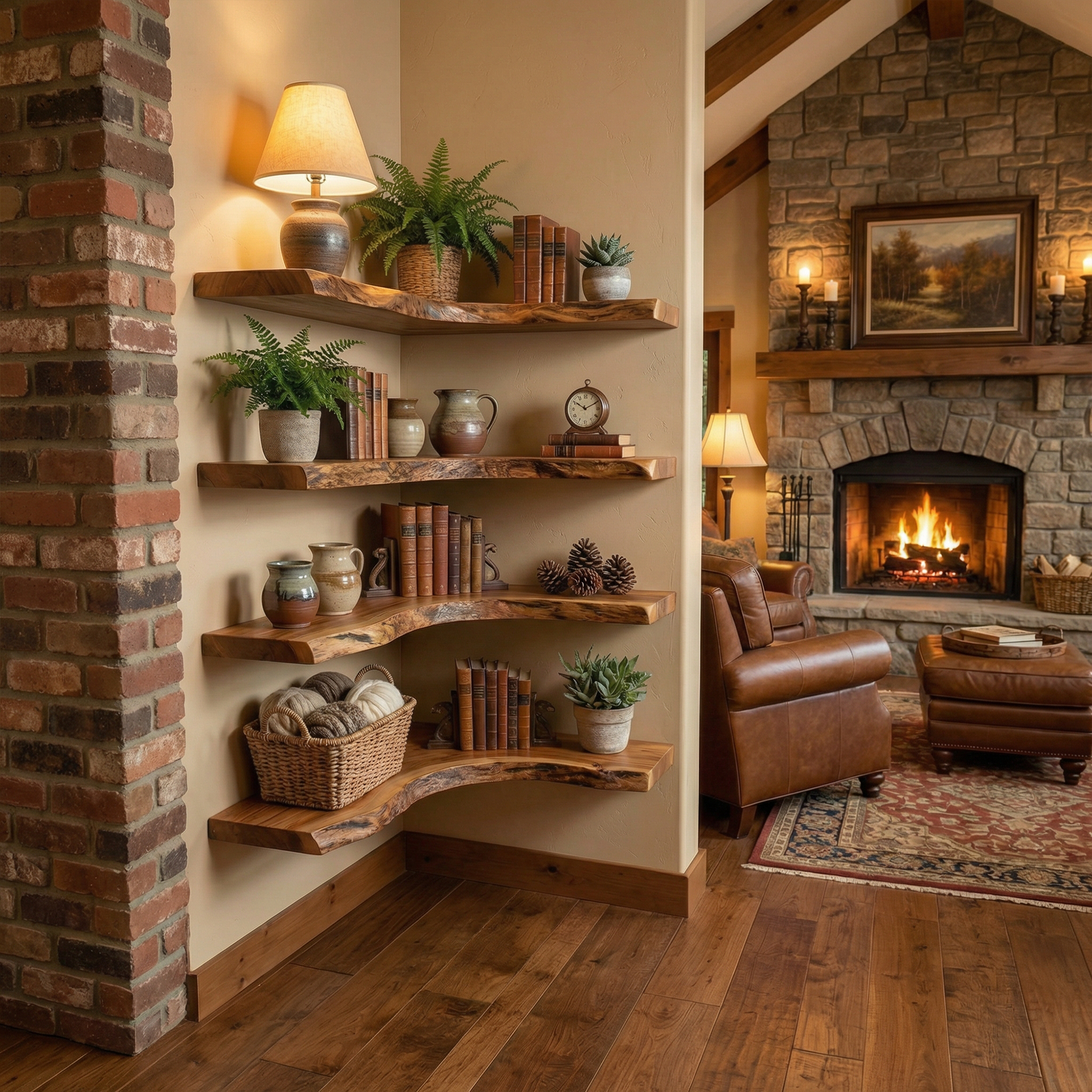 Modern Traditional Corner Floating Shelves Solid Wood Living Room Accent