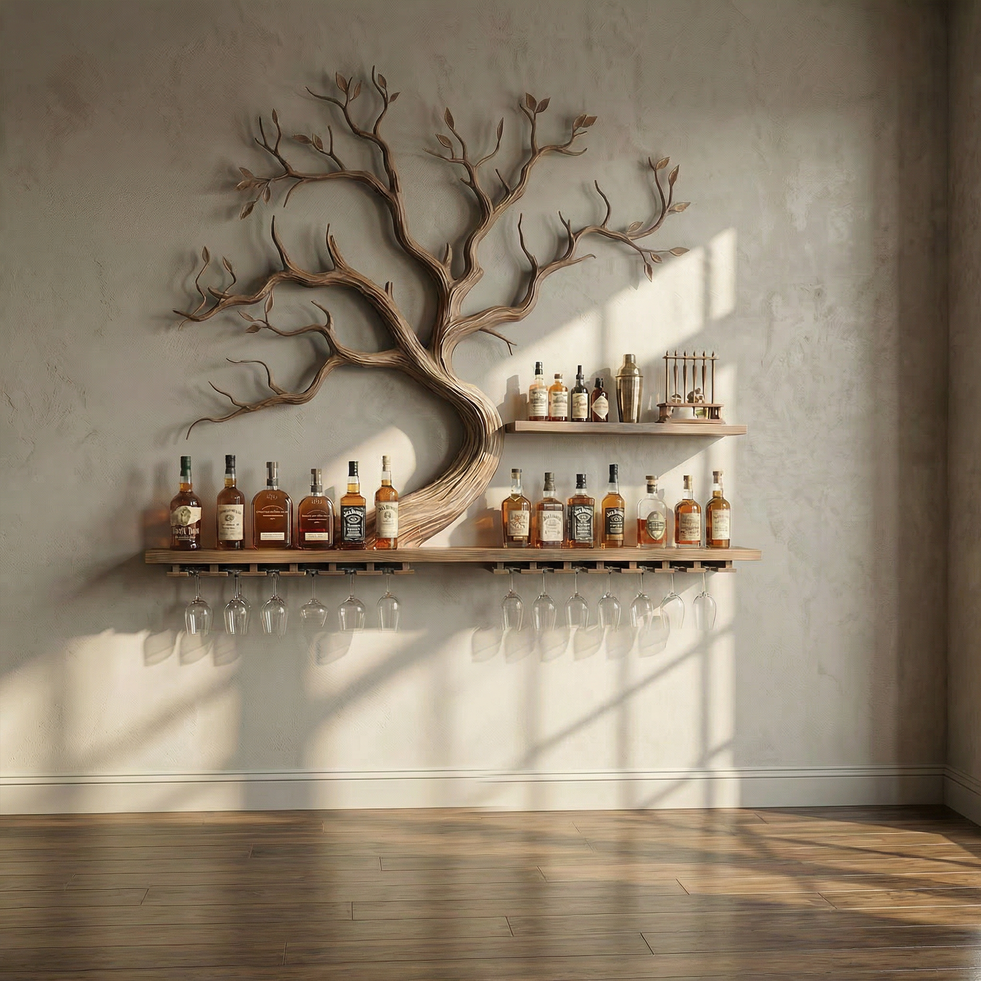 Artistic Tree Branch Wine Rack Wooden Wall Shelf For Kitchen Dining Room Bar