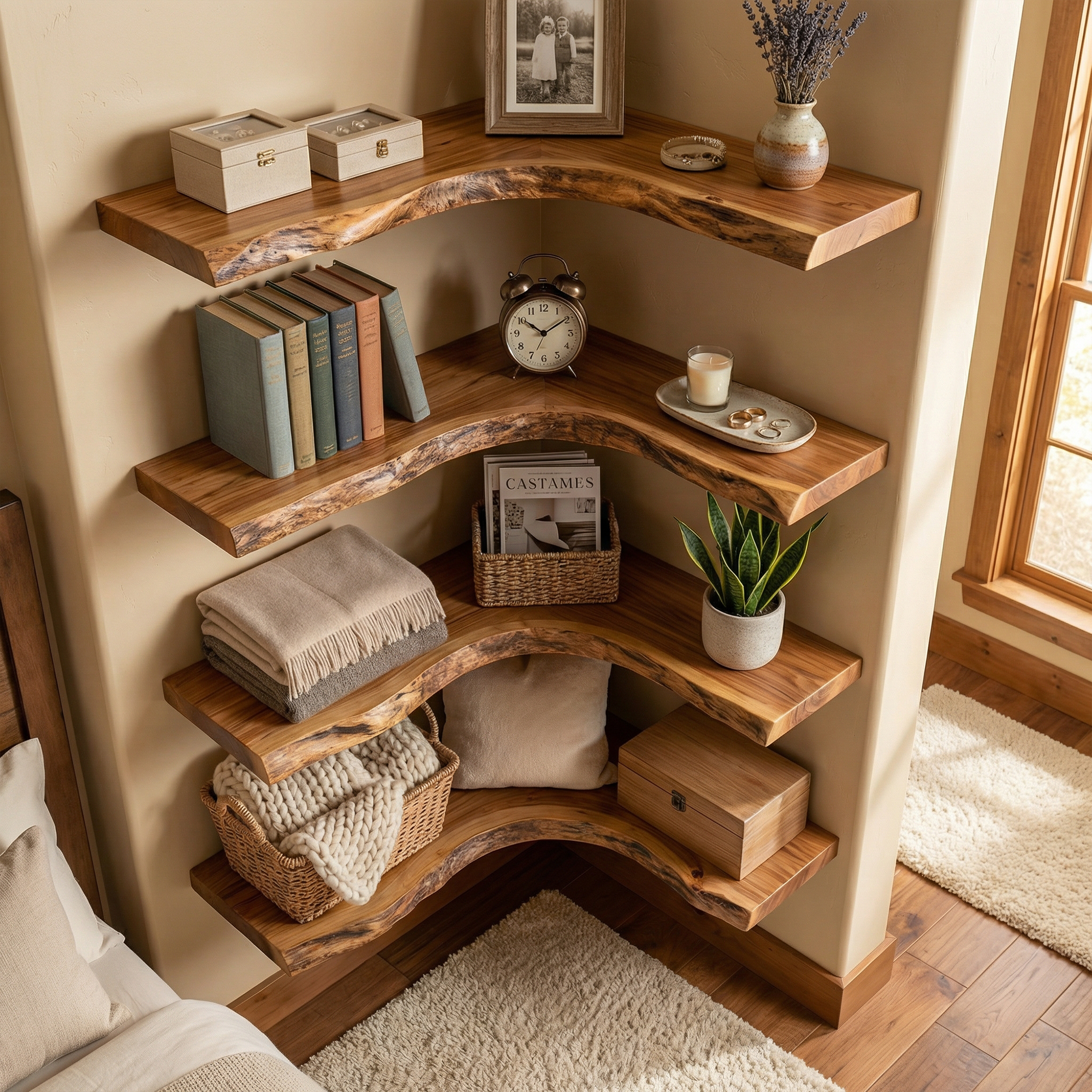 Modern Traditional Corner Floating Shelves Solid Wood Living Room Accent