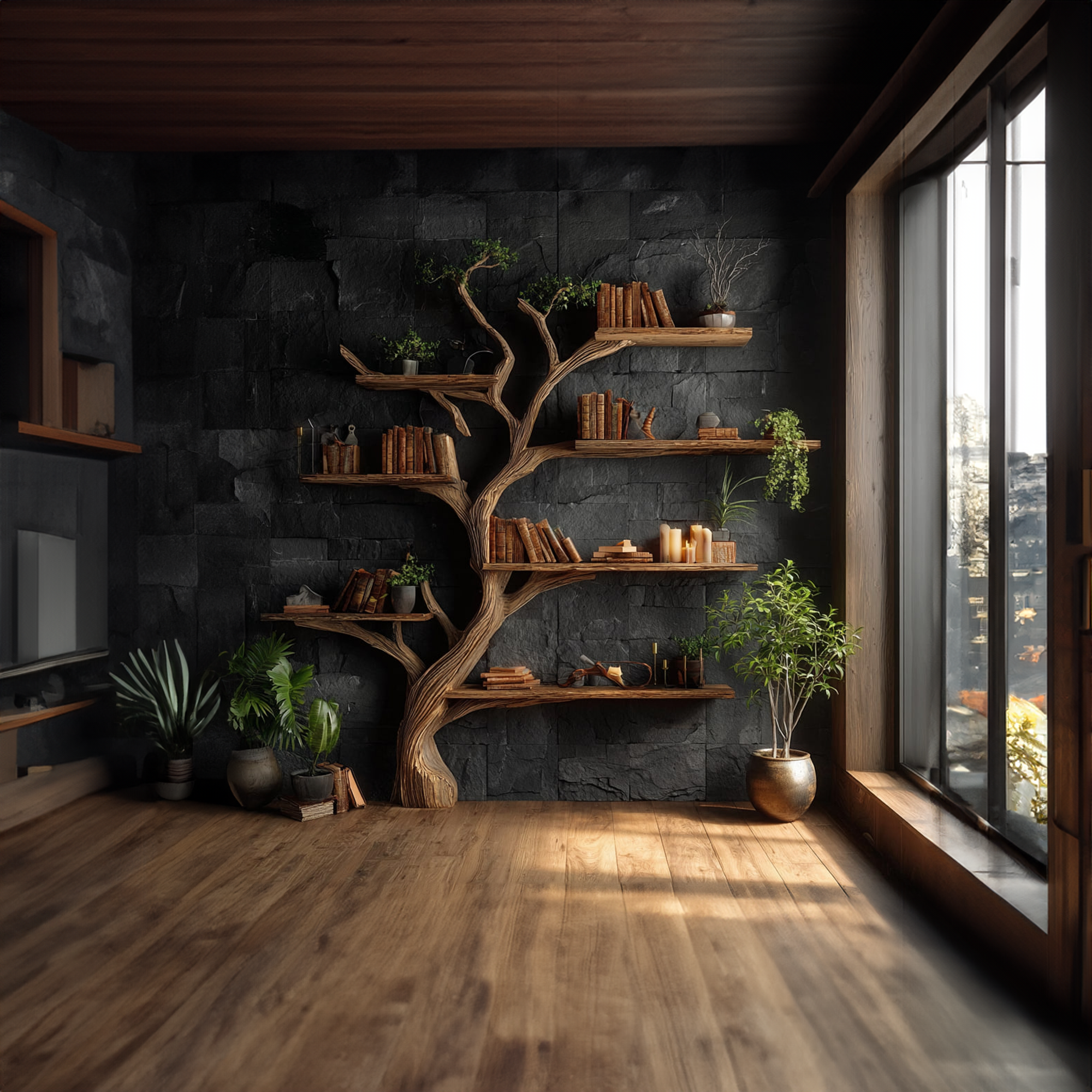 Rustic Handcrafted Tree Bookshelf For Living Room