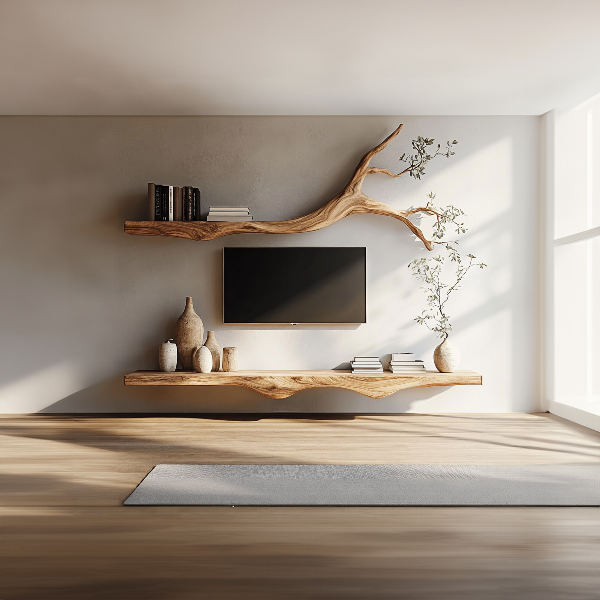 Set 2 Pieces Rustic Floating Wall TV Console Solid Wood Bedroom Living