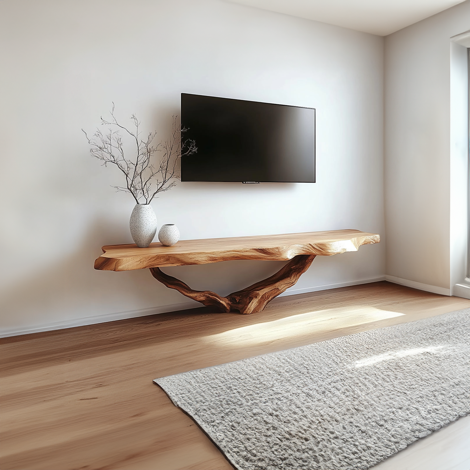 Live Edge Solid Wood TV Console Handmade Floating Media Shelf For Living Room