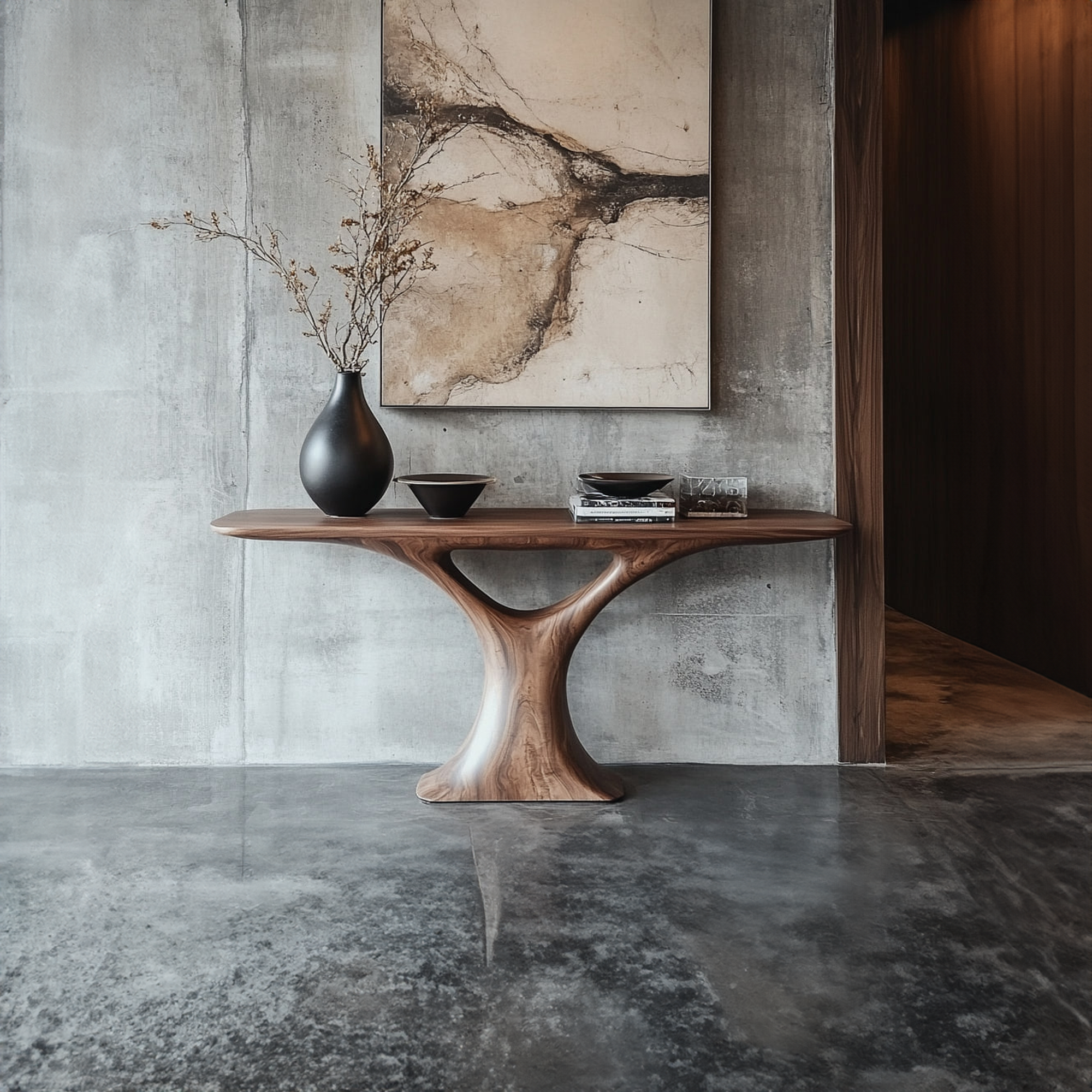 Mid Century Entry Table Smooth Sculptural Form Luxury Welcome Area