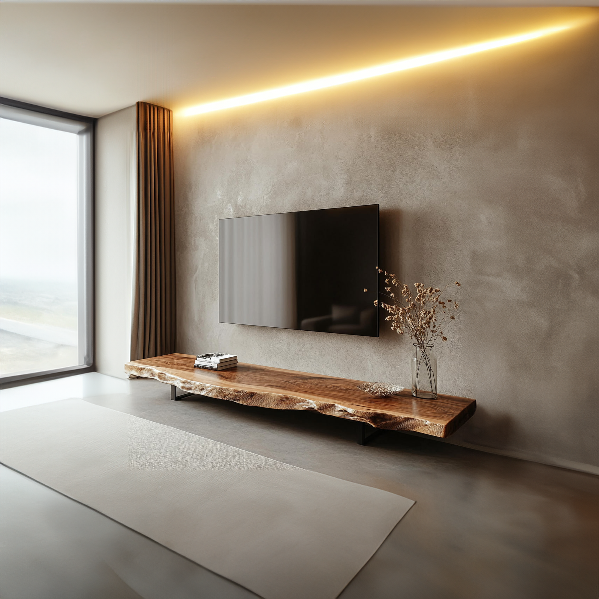 Mid Century TV Console Live Edge Wood Master Bedroom