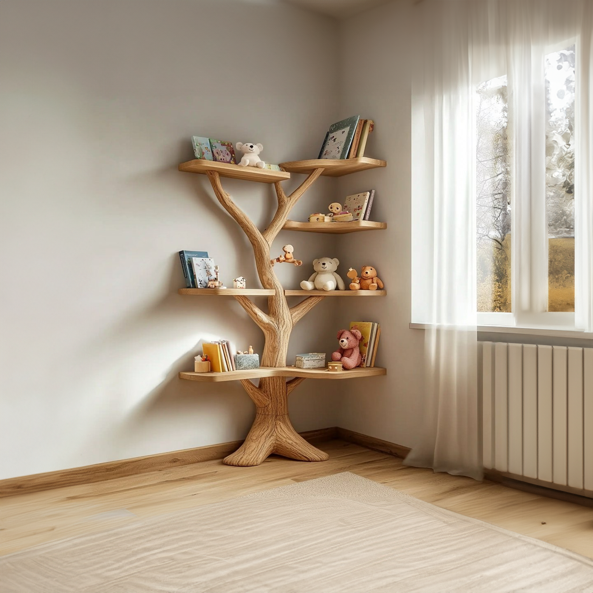 Handcrafted Tree Corner Shelf For Kids Room Book Storage