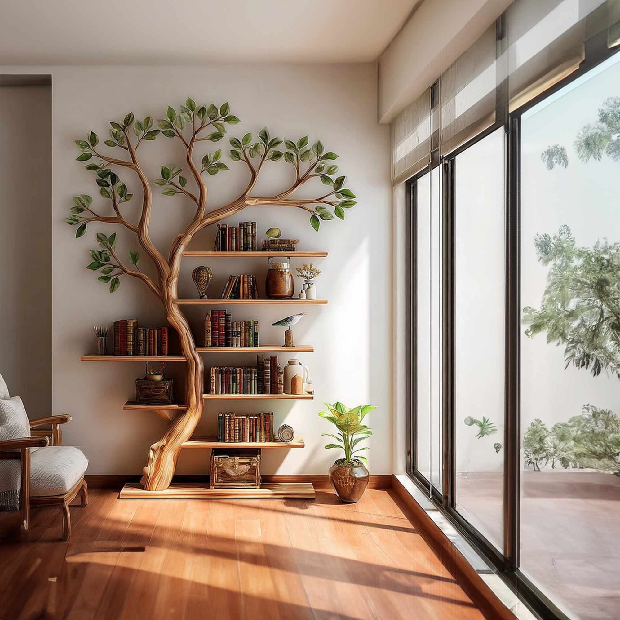 Rustic Tree Bookshelf Living Room Office Artistic Wall Display