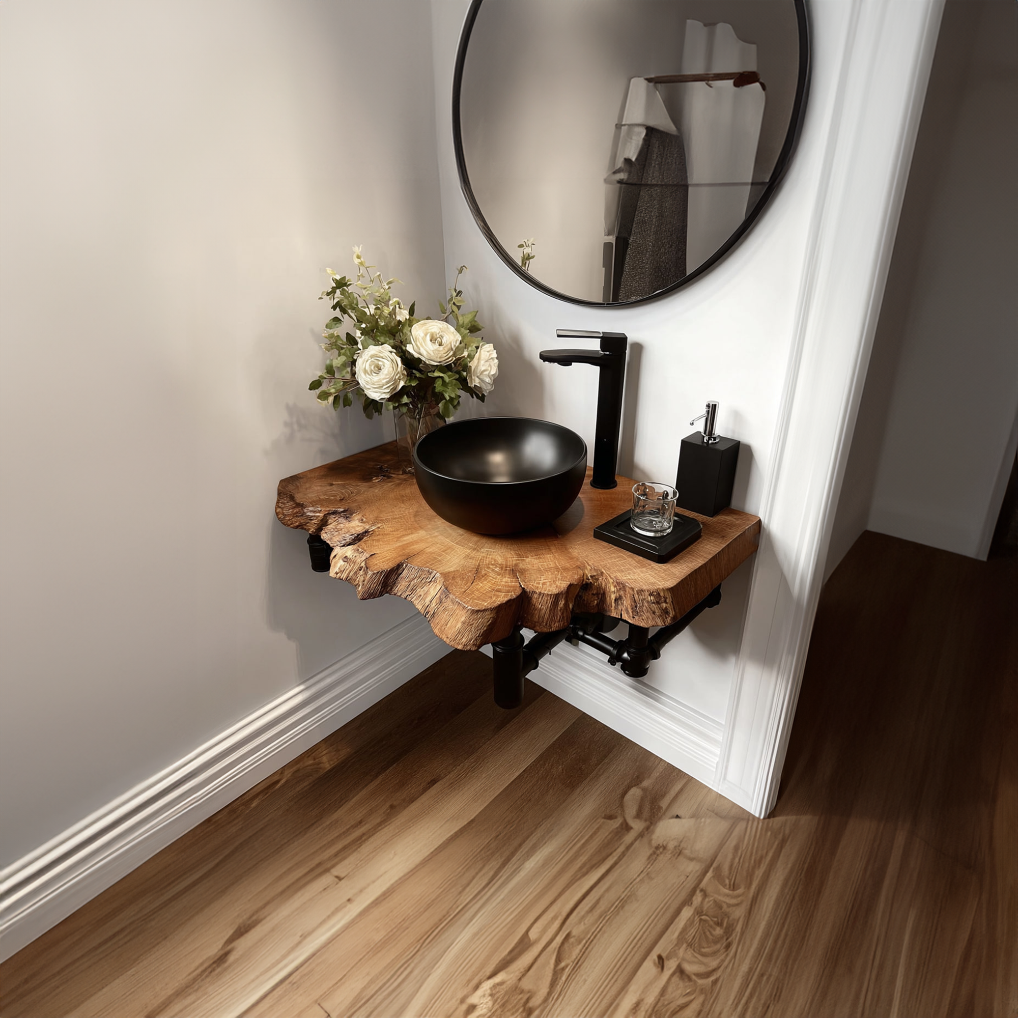 Mid Century Floating Shelf Narrow Powder Room