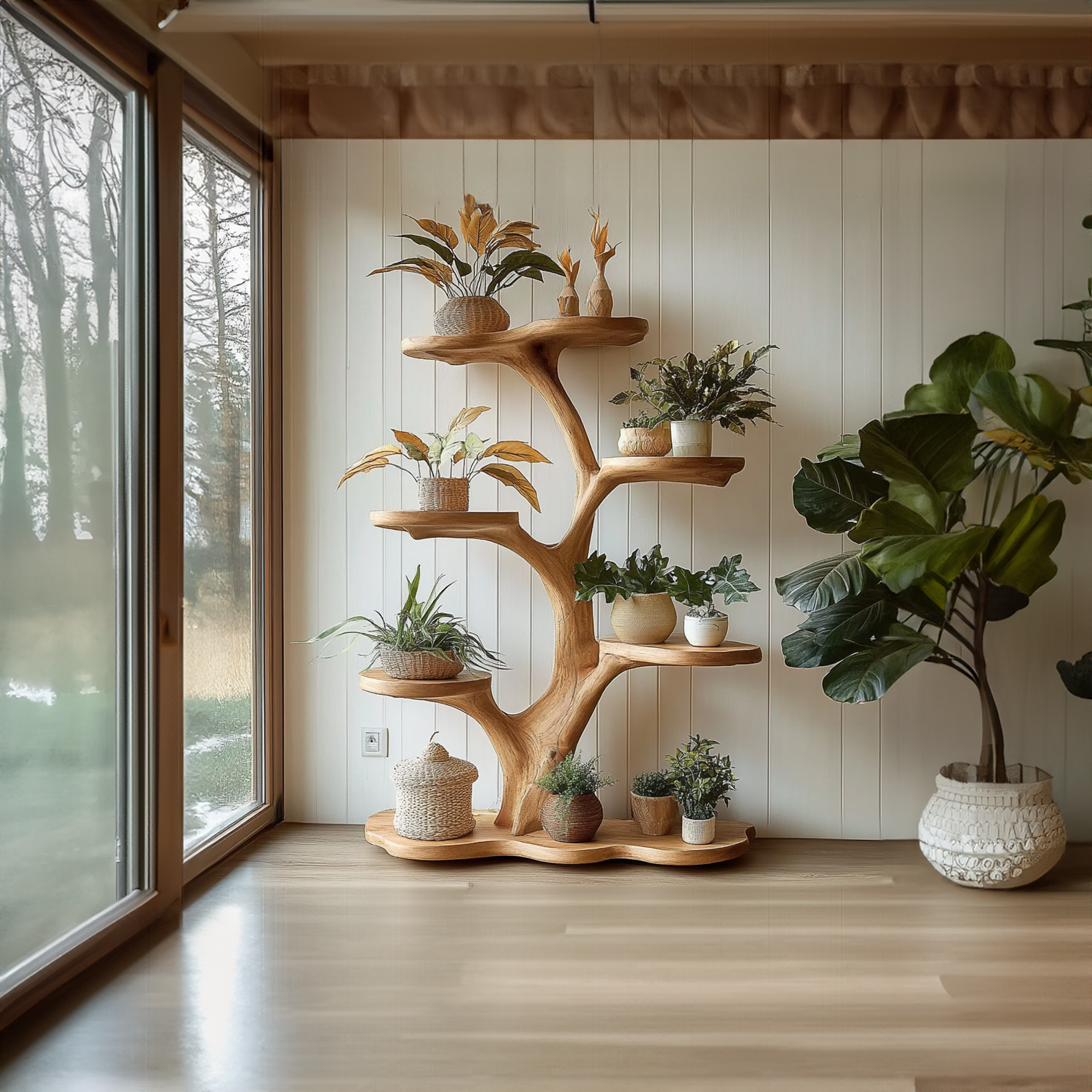 Rustic Tree Plant Shelf Indoor Green Display Living Room