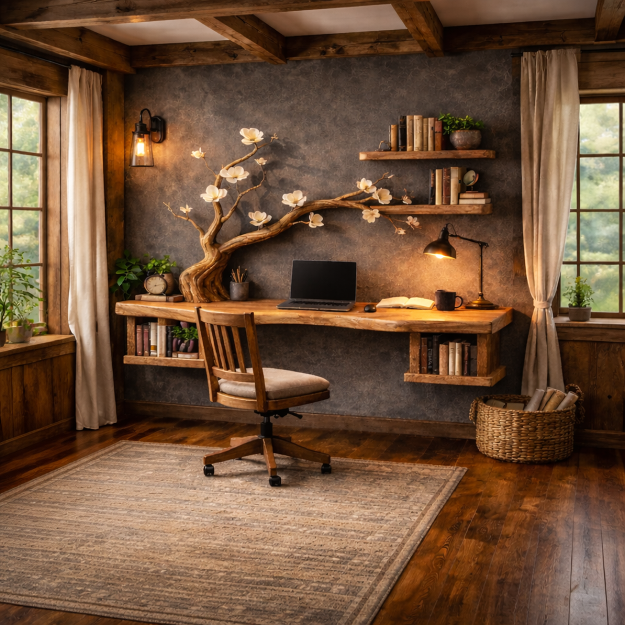 Organic Sculptural Floating Desk With Tree Branch Art For Home Office