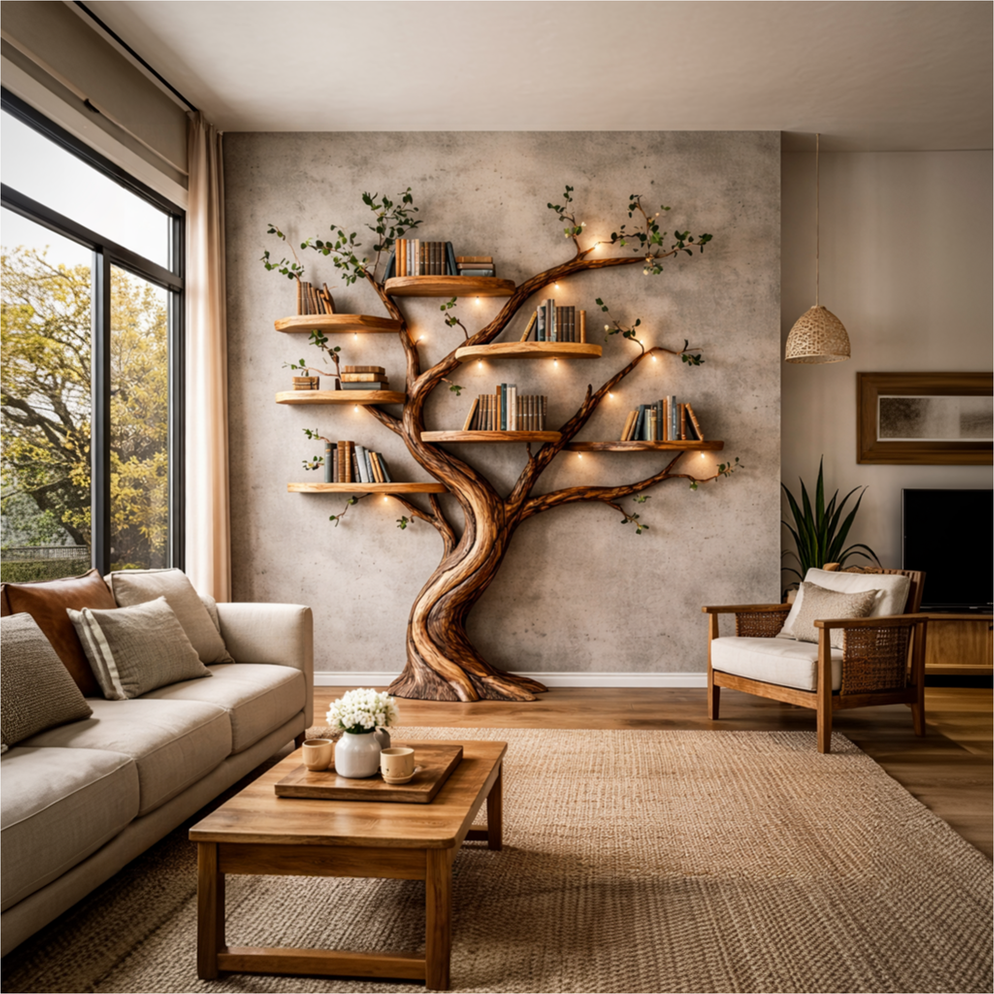 Organic Tree Bookshelf Living Room Interior Sculptural Wall Display