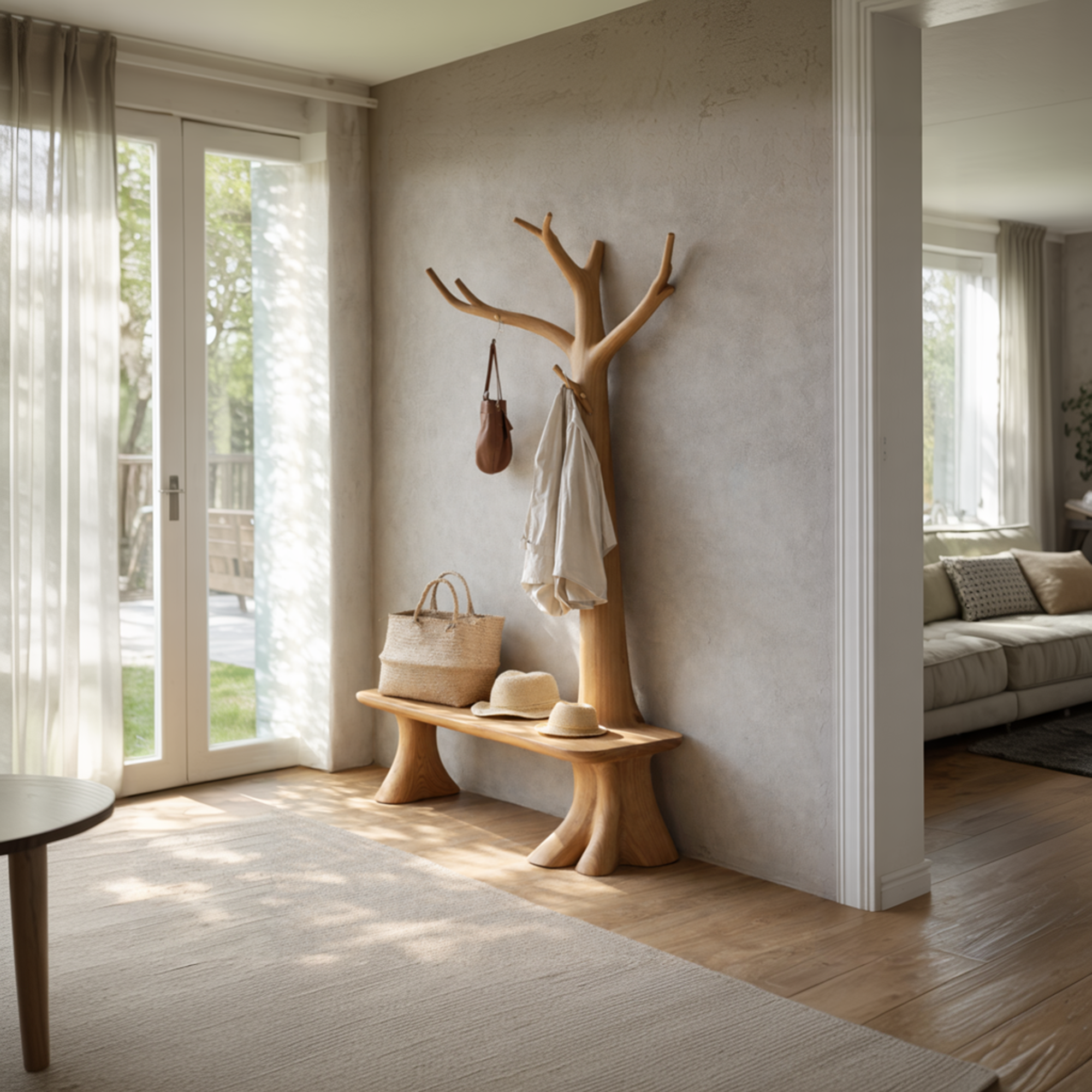 Handcrafted Tree Coat Rack With Bench Solid Wood Entryway Interior Functional Decor
