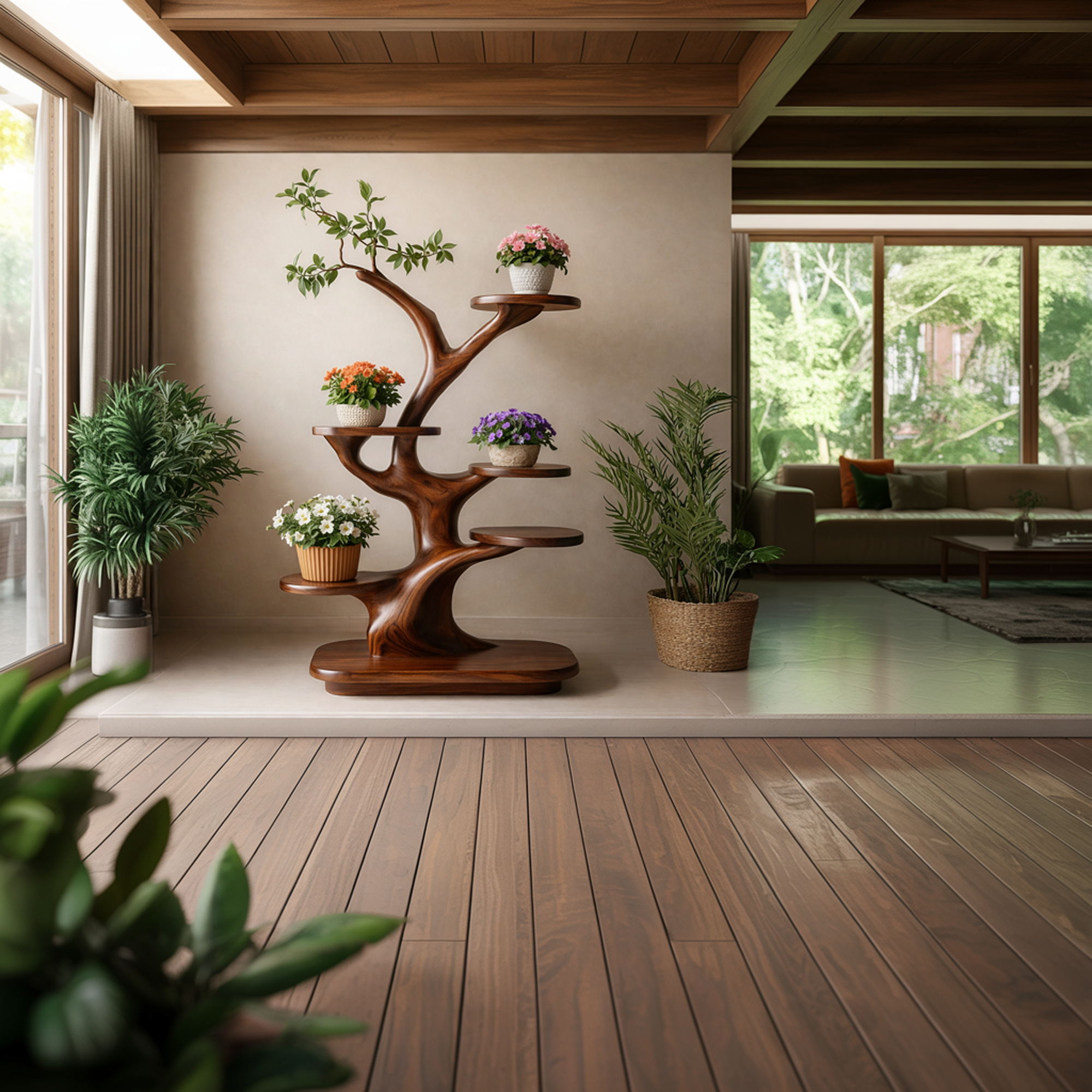 Mid Century Wooden Tree Plant Stand Home Interior