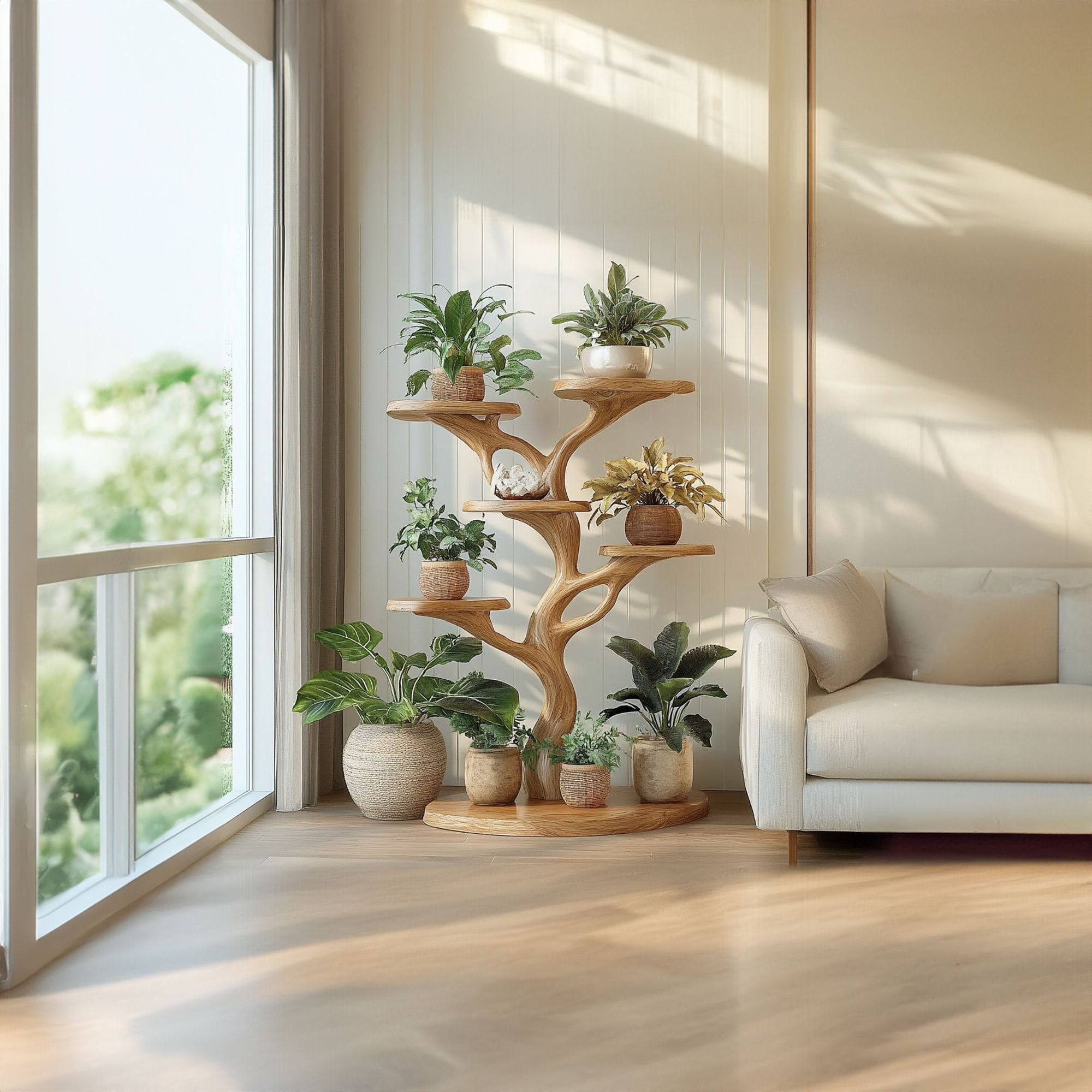 Rustic Organic Tree Plant Stand Living Room