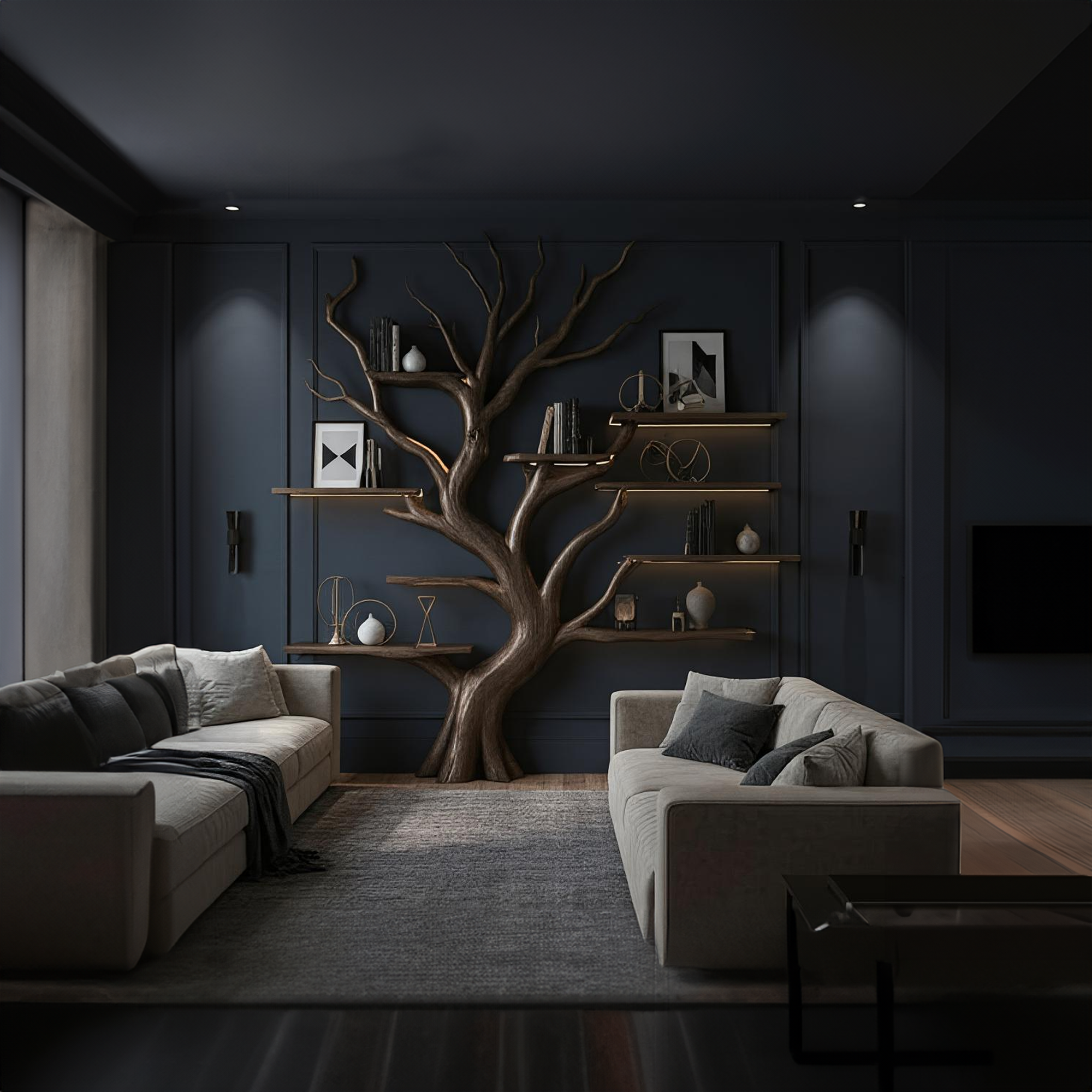 Rustic Tree Inspired Shelf Living Room Reading Nook Decor
