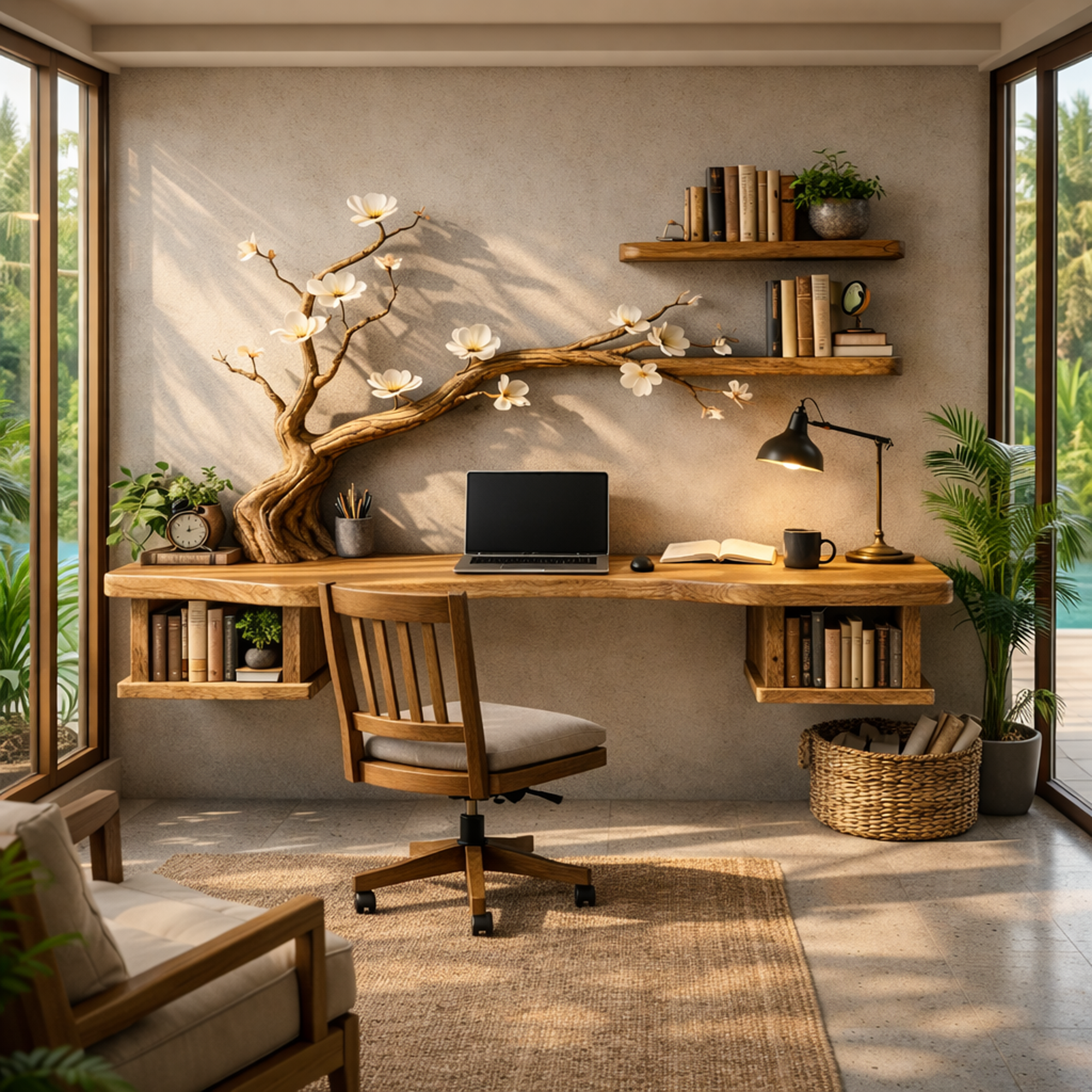 Organic Sculptural Floating Desk With Tree Branch Art For Home Office