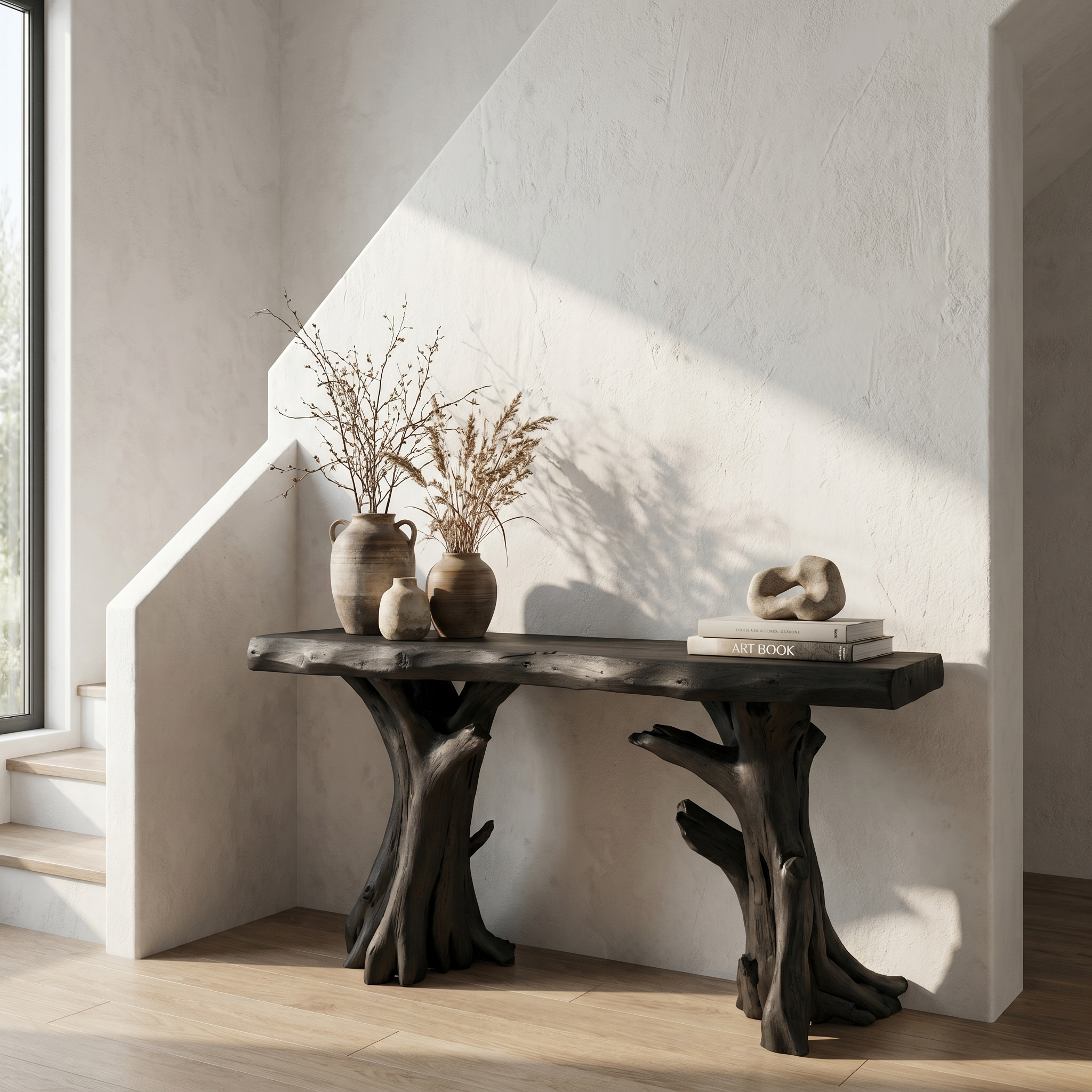 Coastal Driftwood Console Table  Natural Tree Trunk Legs