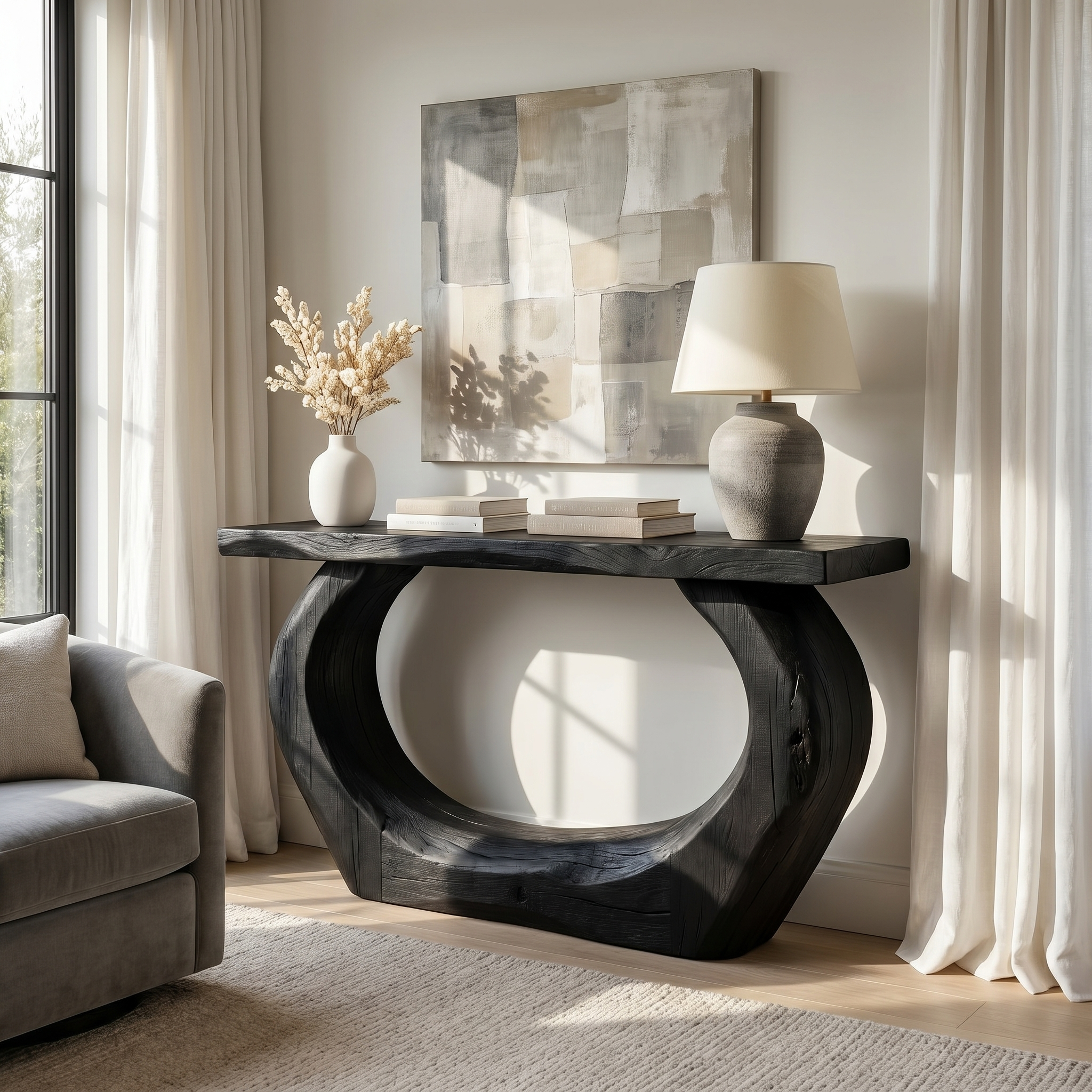Handcrafted Sculpted Console Table  Living Room Interior Feature Accent
