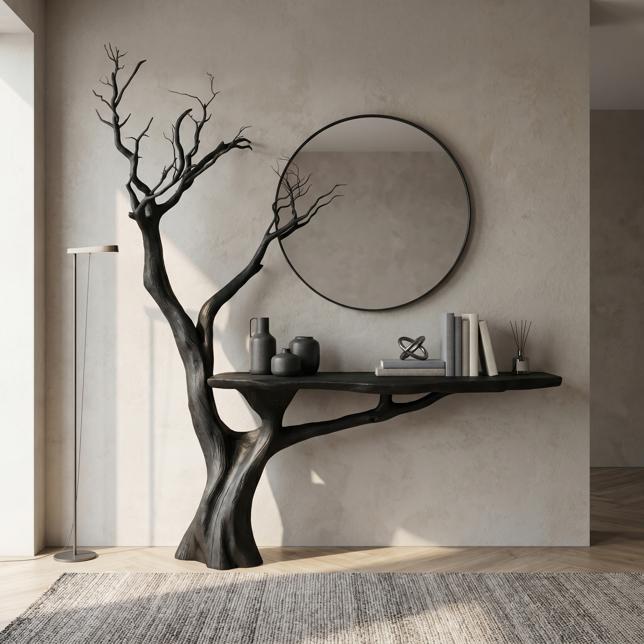 Rustic Console Table Sculpted Wood Tree Hallway Entrance
