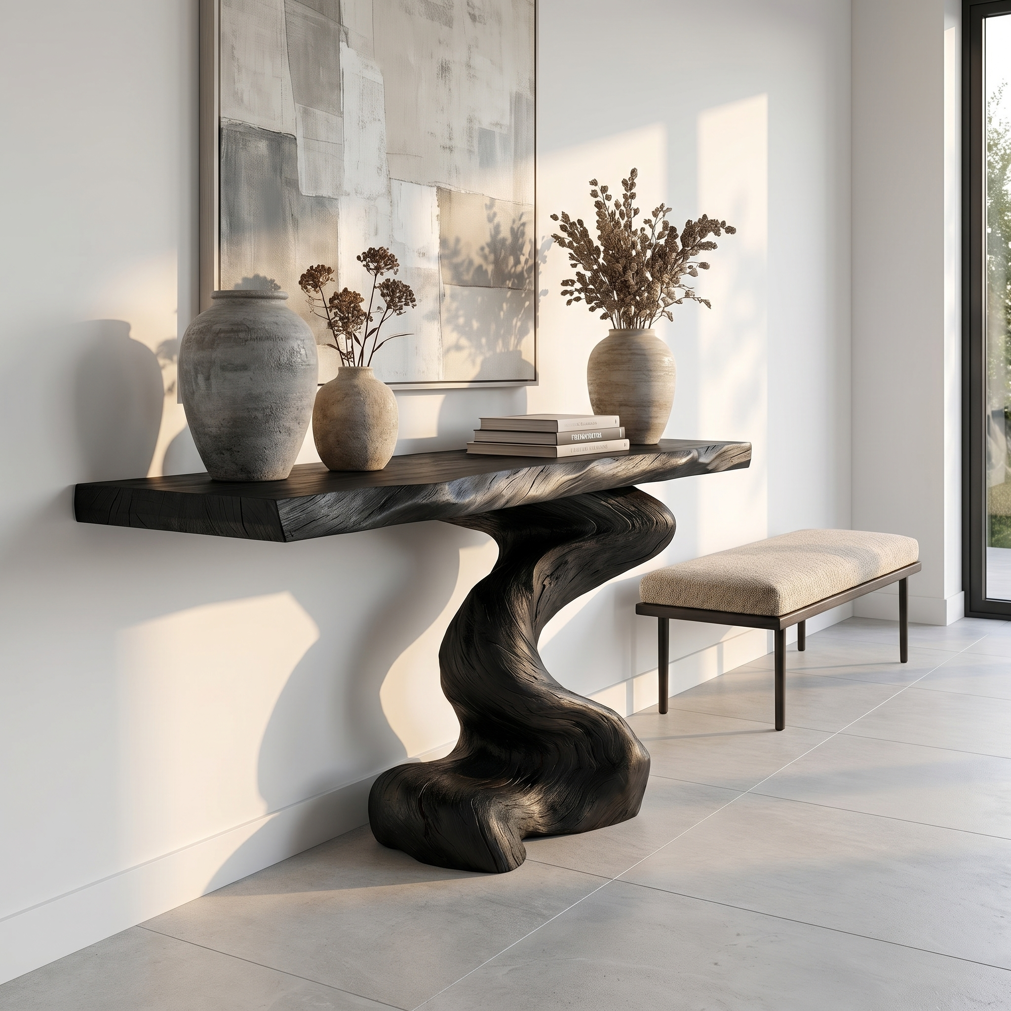 Mid Century Modern Console Table Sculptural Wood Art Living Area Entry
