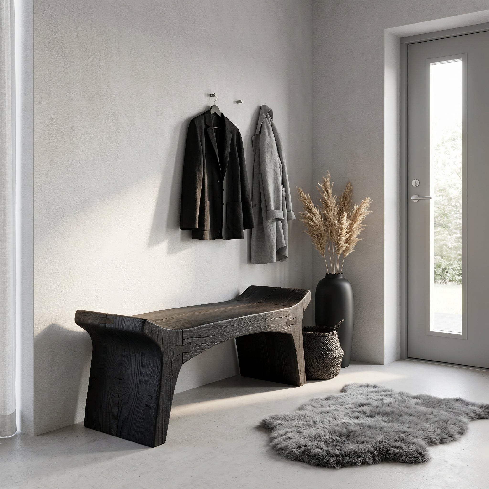 Rustic Sculptural Solid Form Bench For Entryway And Living Room