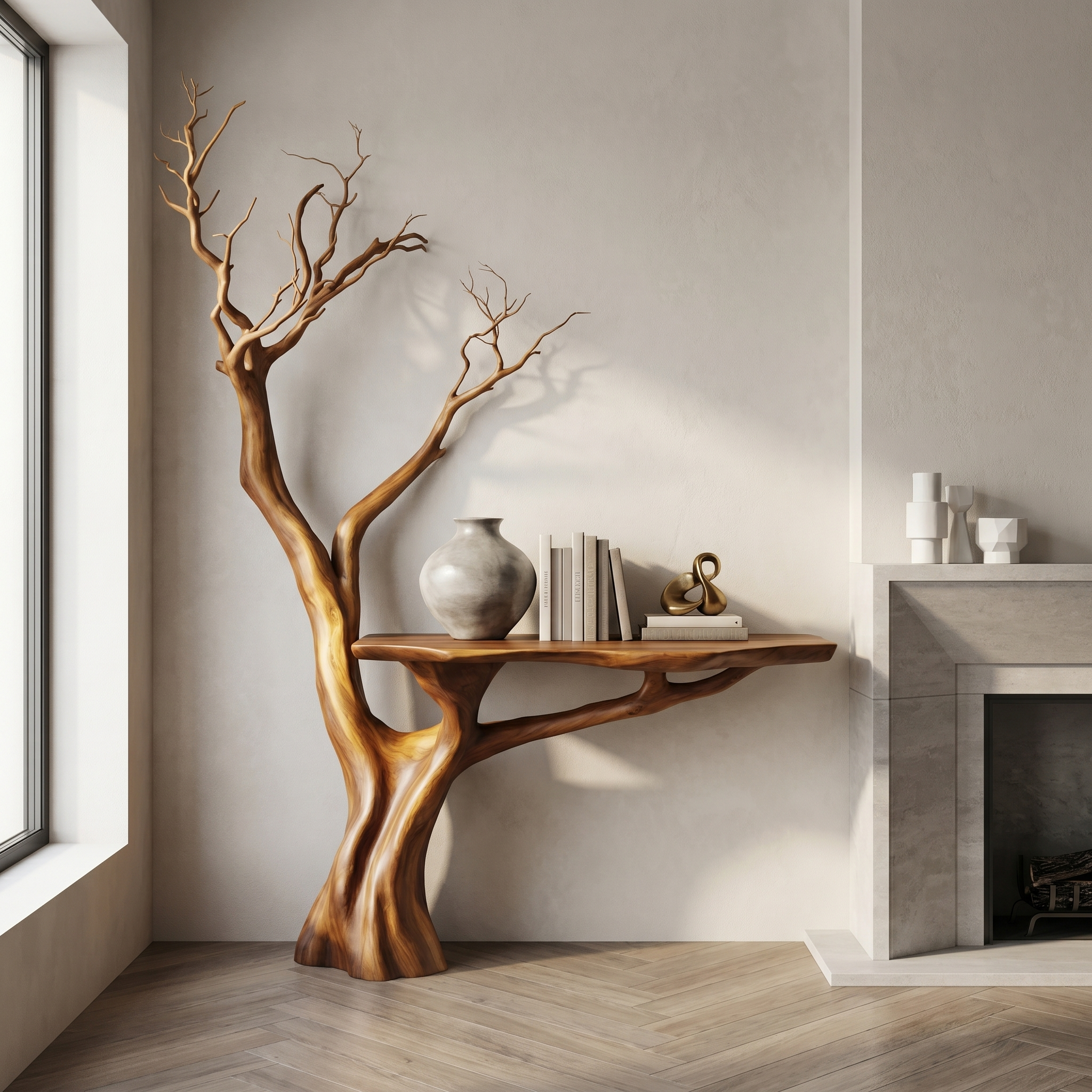 Rustic Console Table Sculpted Wood Tree Hallway Entrance
