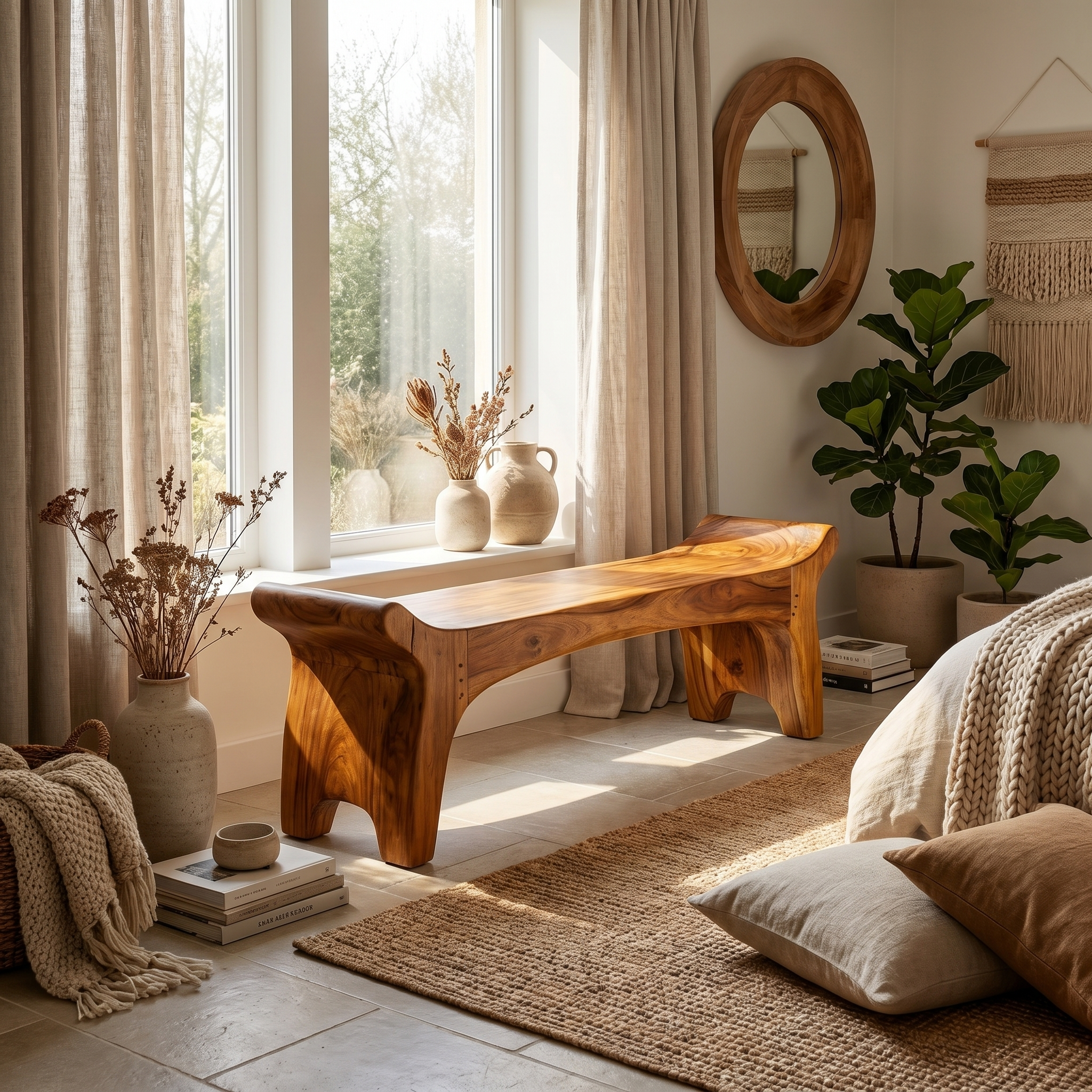 Rustic Sculptural Solid Form Bench For Entryway And Living Room