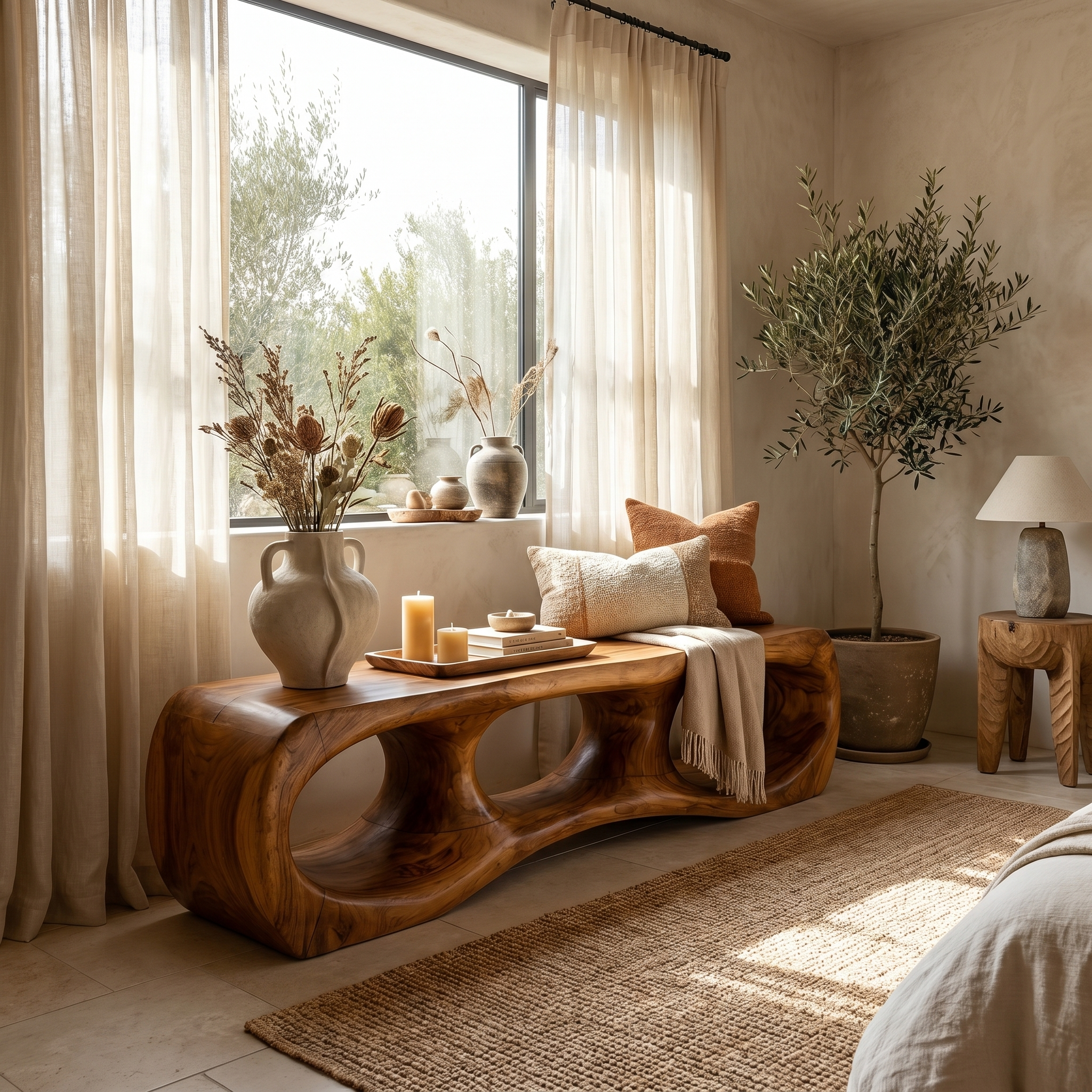 Rustic Sculptural Silhouette Bench For Living Room And Hallway