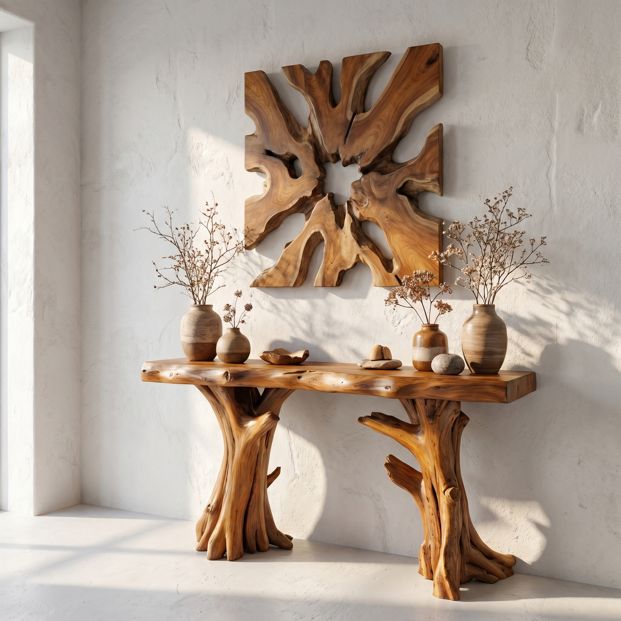 Coastal Driftwood Console Table  Natural Tree Trunk Legs