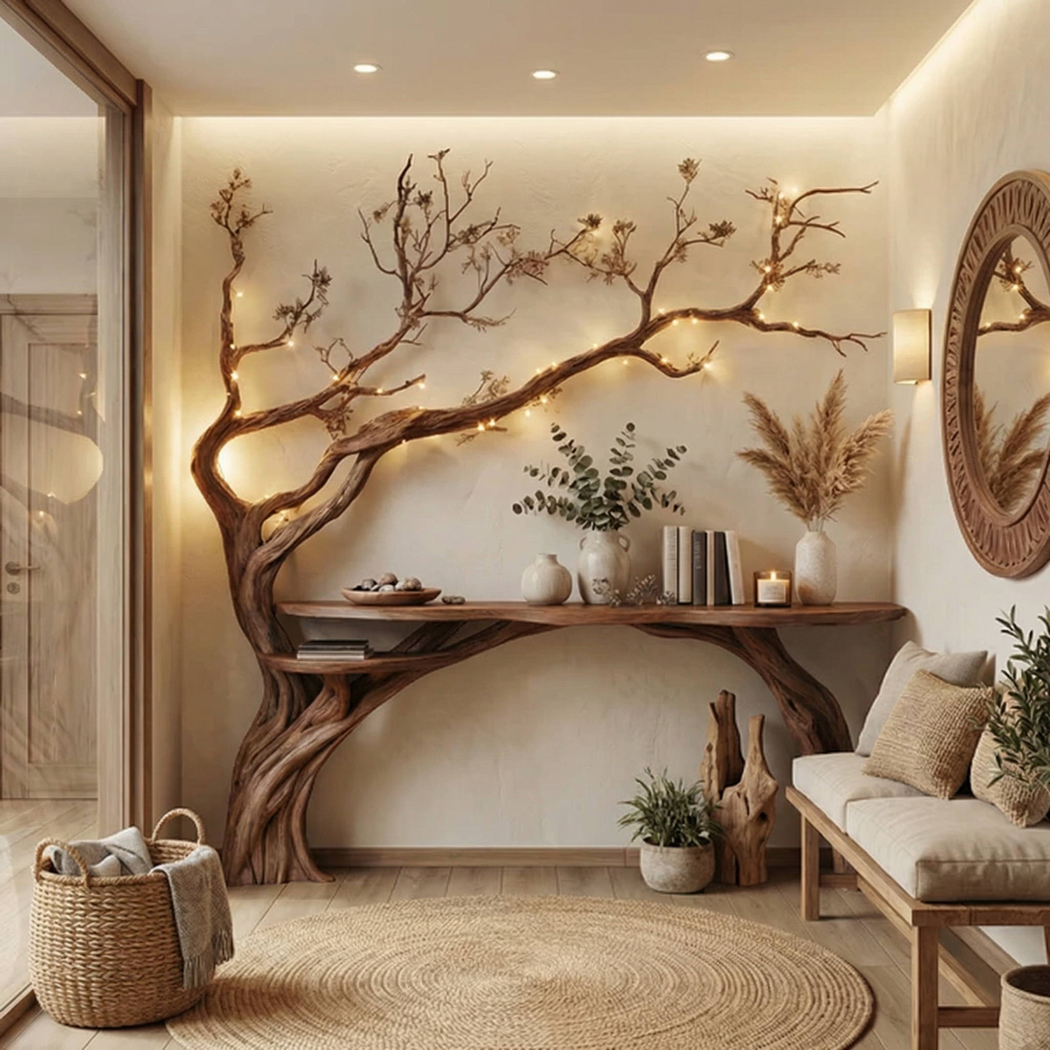 Natural Solid Wood Tree Bookshelf  Rustic Side Table Farmhouse