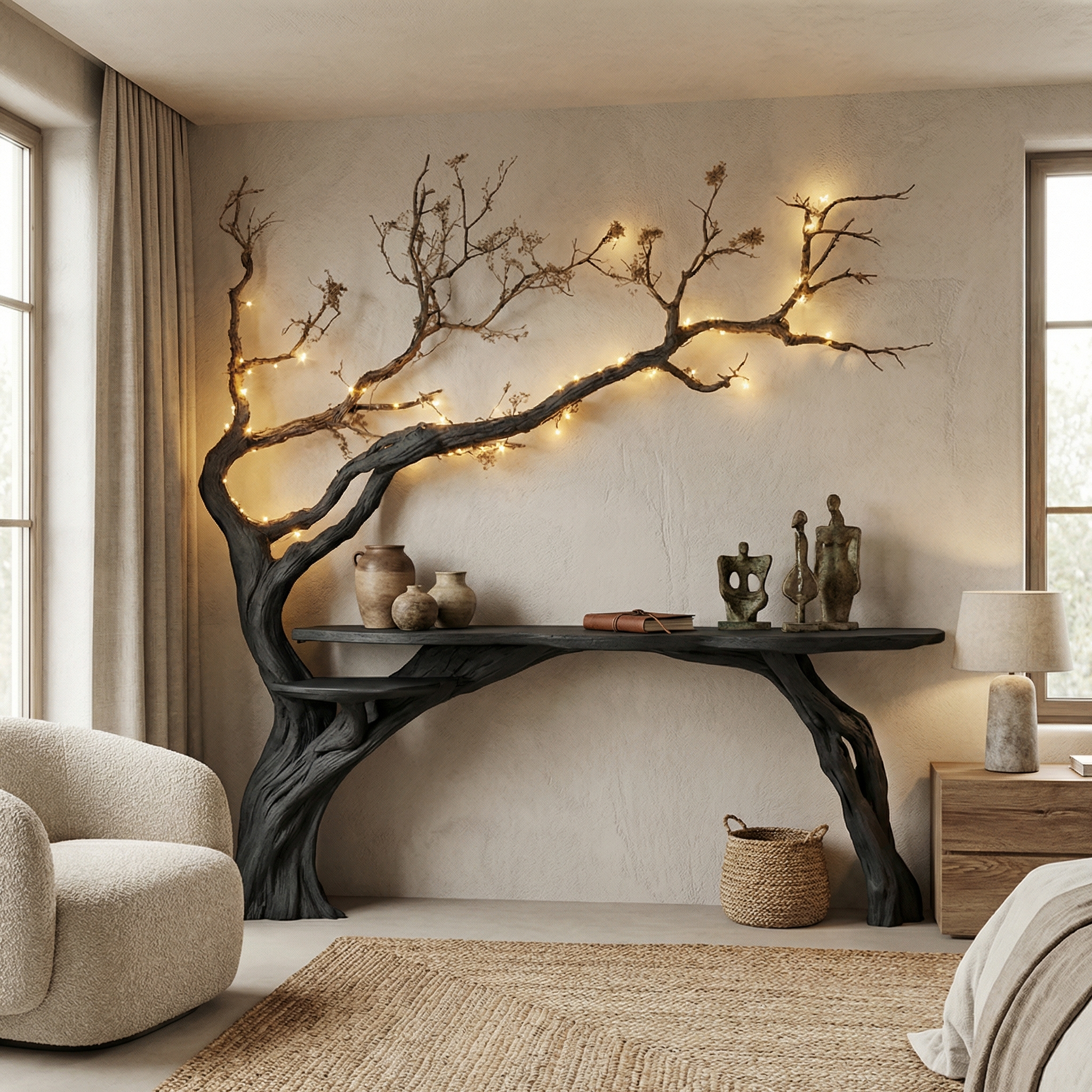 Natural Solid Wood Tree Bookshelf  Rustic Side Table Farmhouse