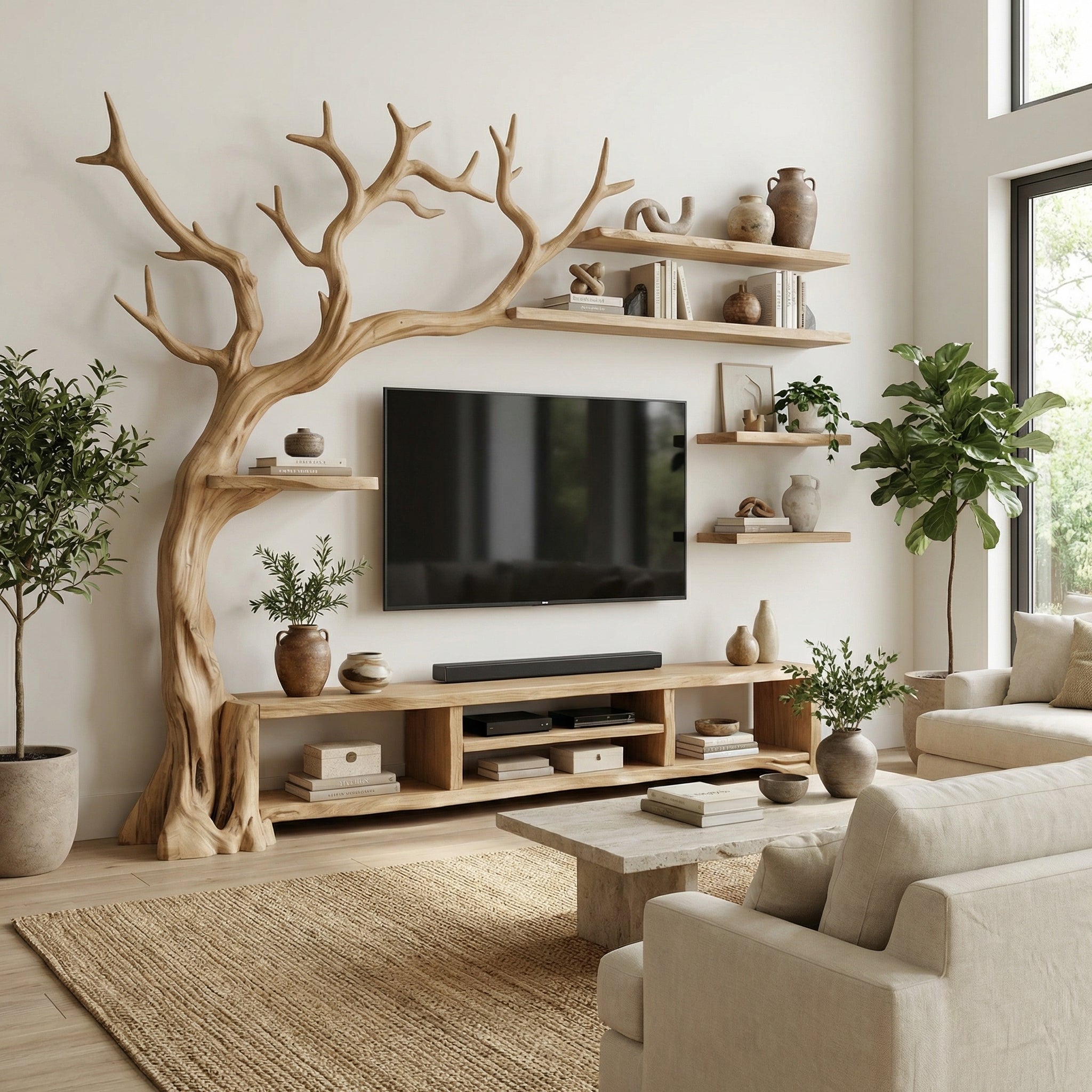 Rustic Organic Tree Branch TV Shelf Contemporary Home