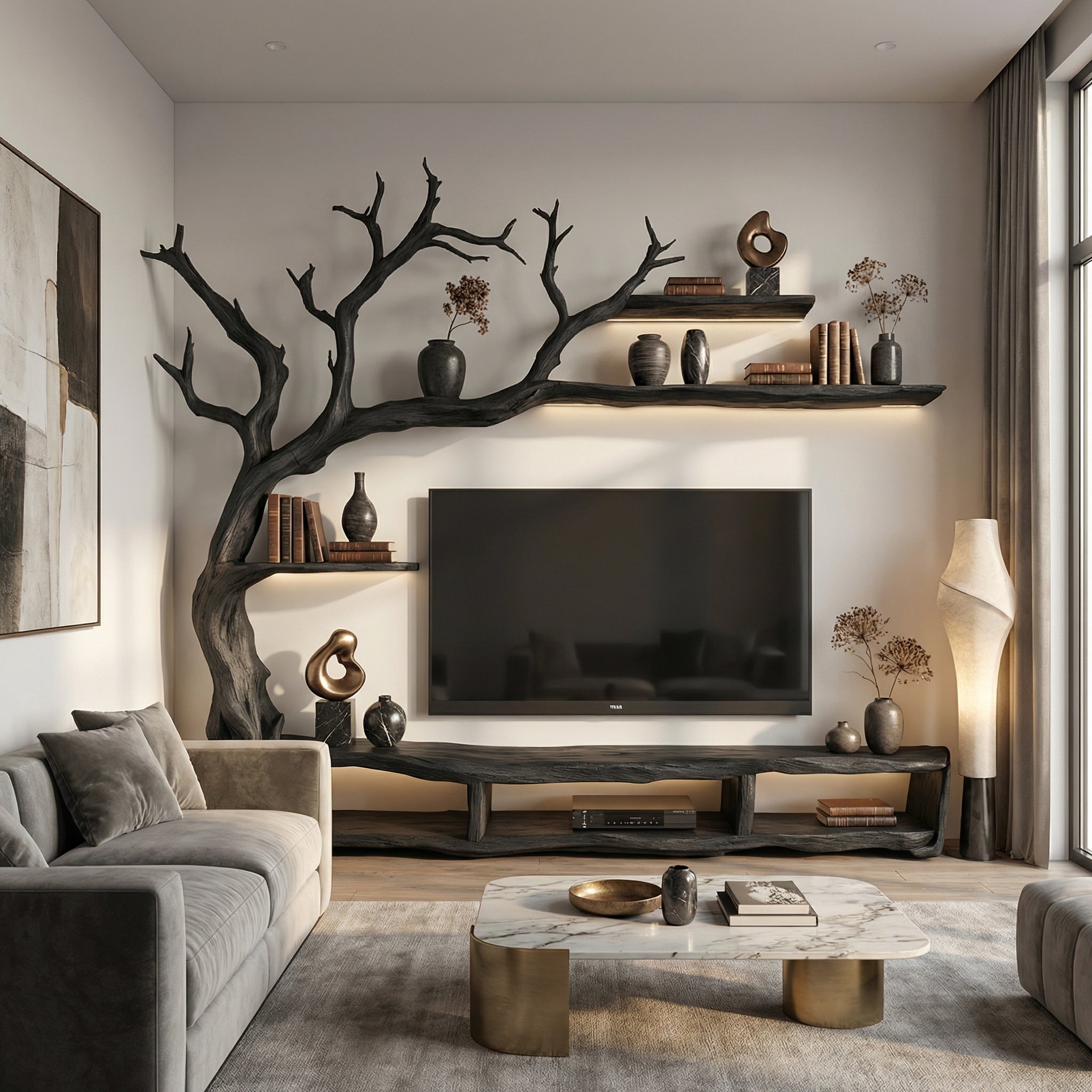 Rustic Organic Tree Branch TV Shelf Contemporary Home