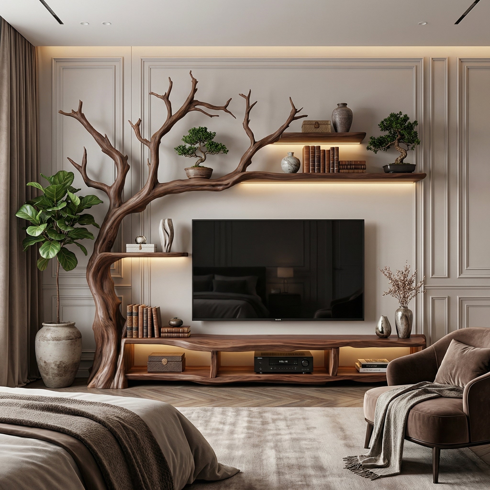 Rustic Organic Tree Branch TV Shelf Contemporary Home