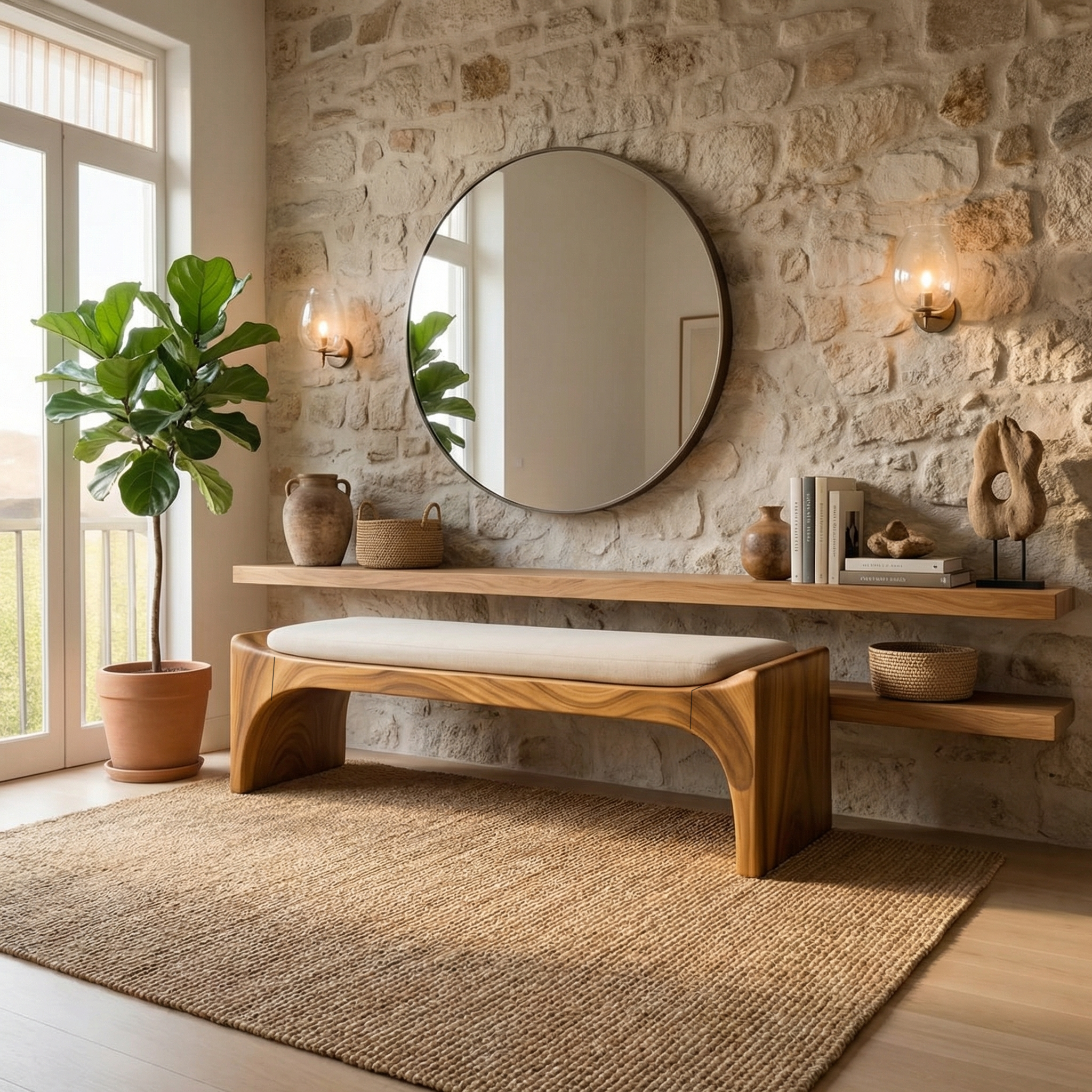 Mid Century Modern Bench Entryway Accent Seating Living