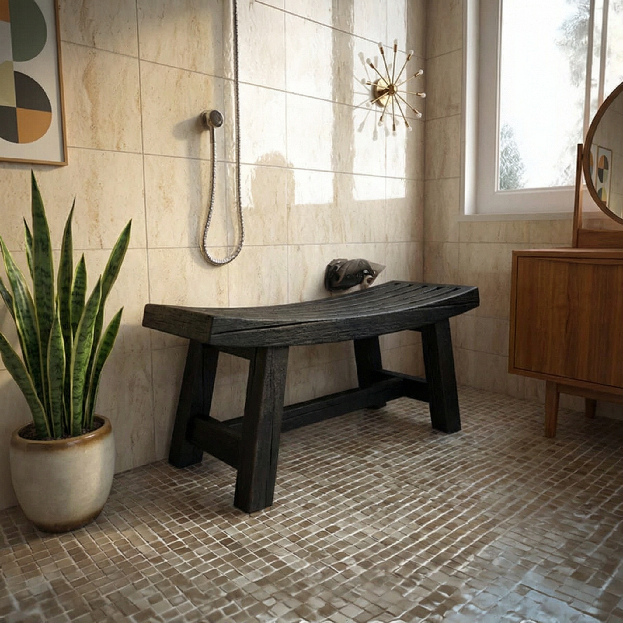 Mid Century Bench Bathroom Spa Seat Entryway