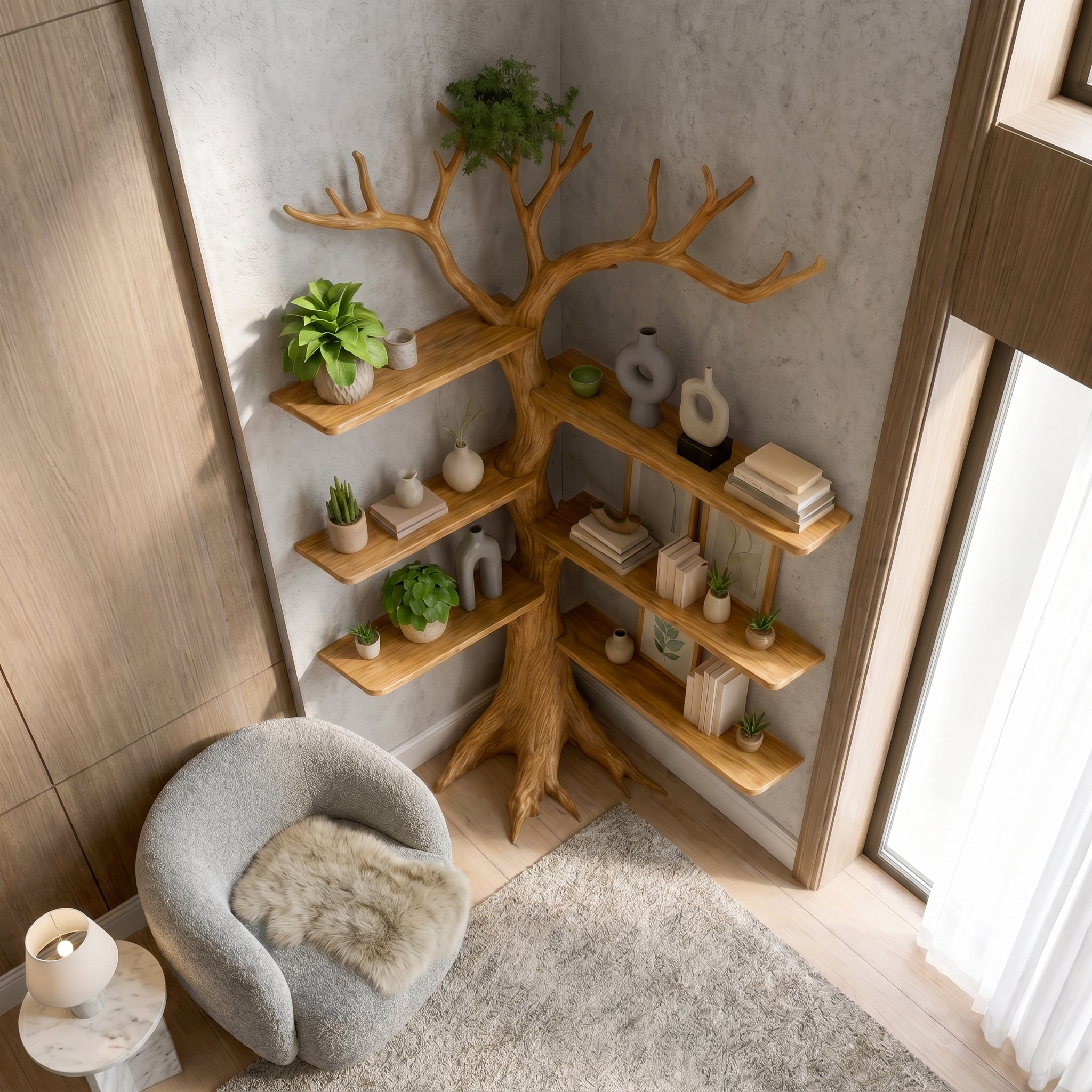 Rustic Corner Tree Bookshelf Living Room