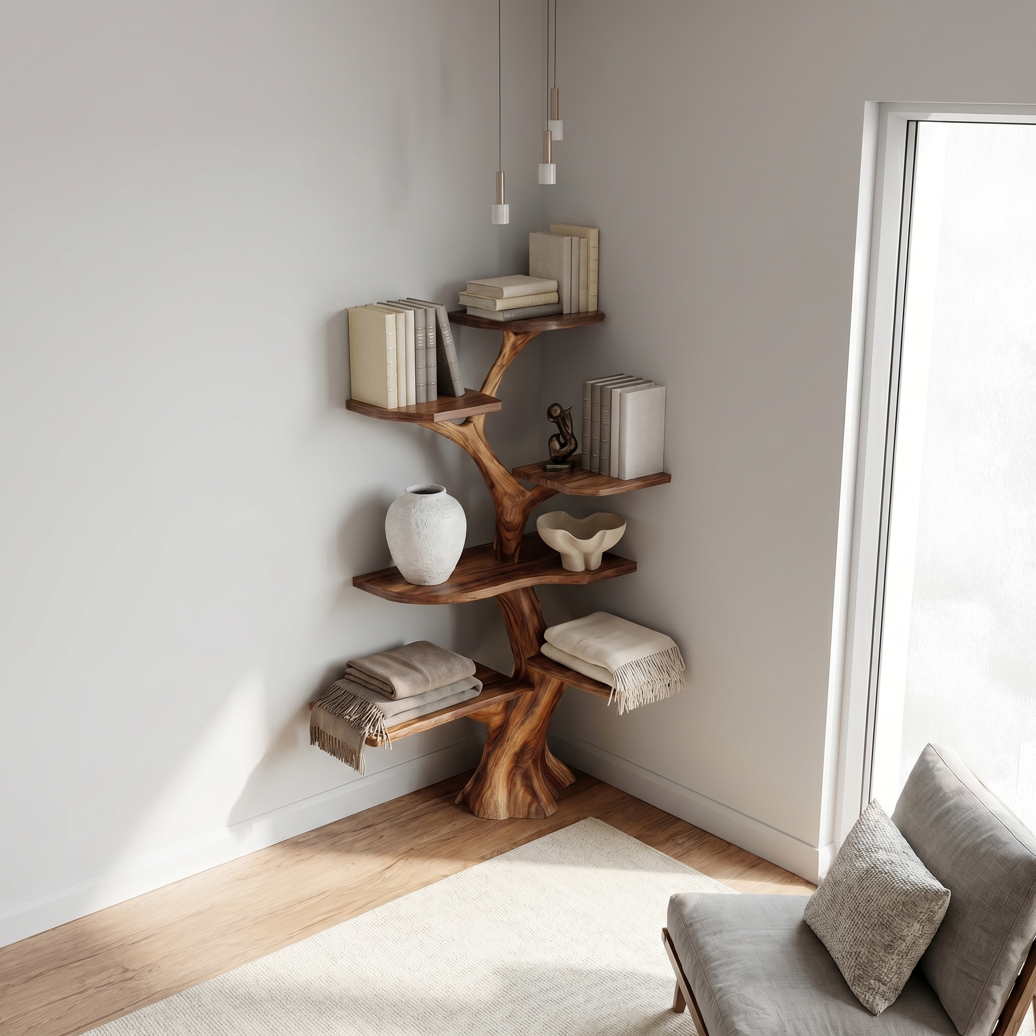 Rustic Corner Tree Bookshelf Living Room Wall