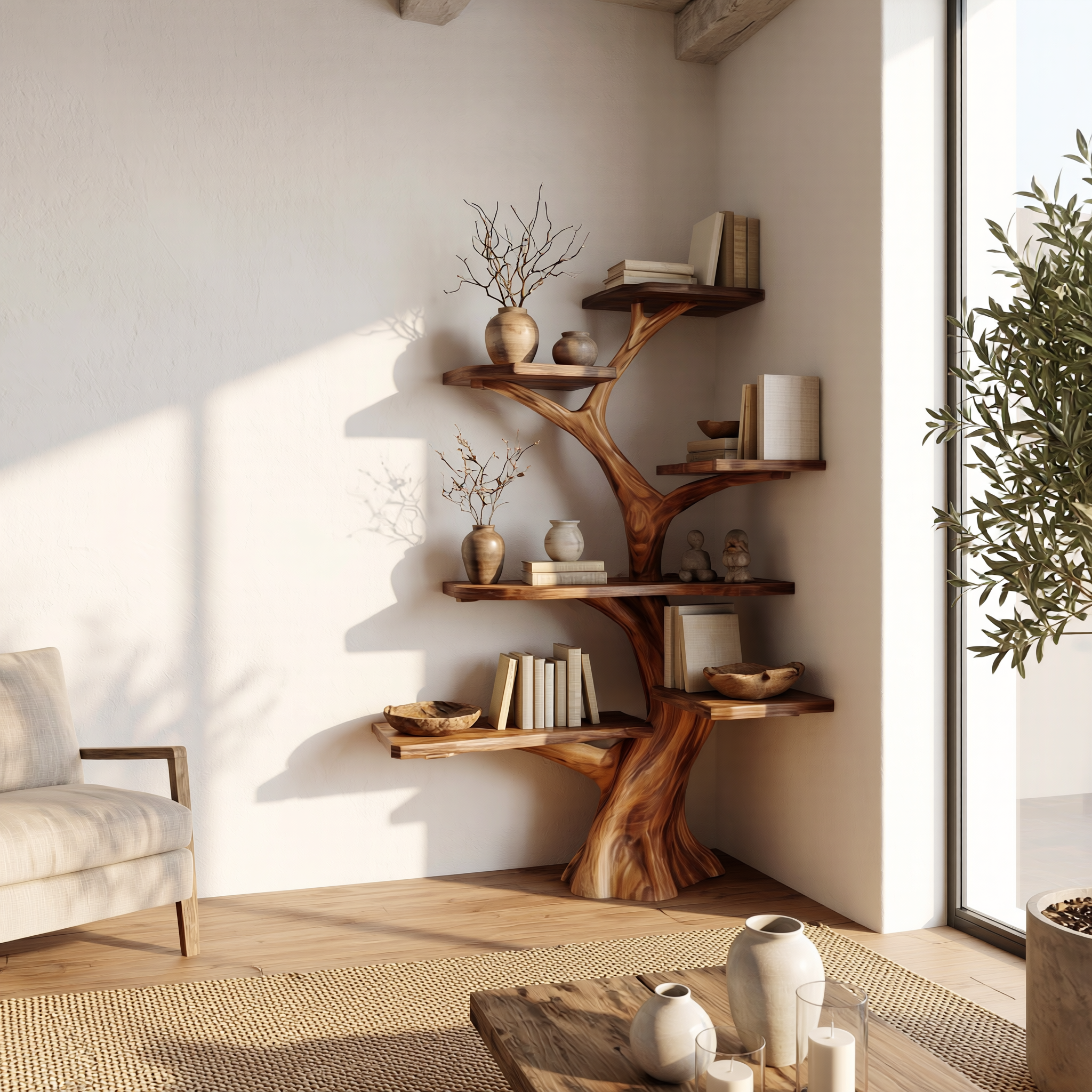 Rustic Corner Tree Bookshelf Living Room Wall