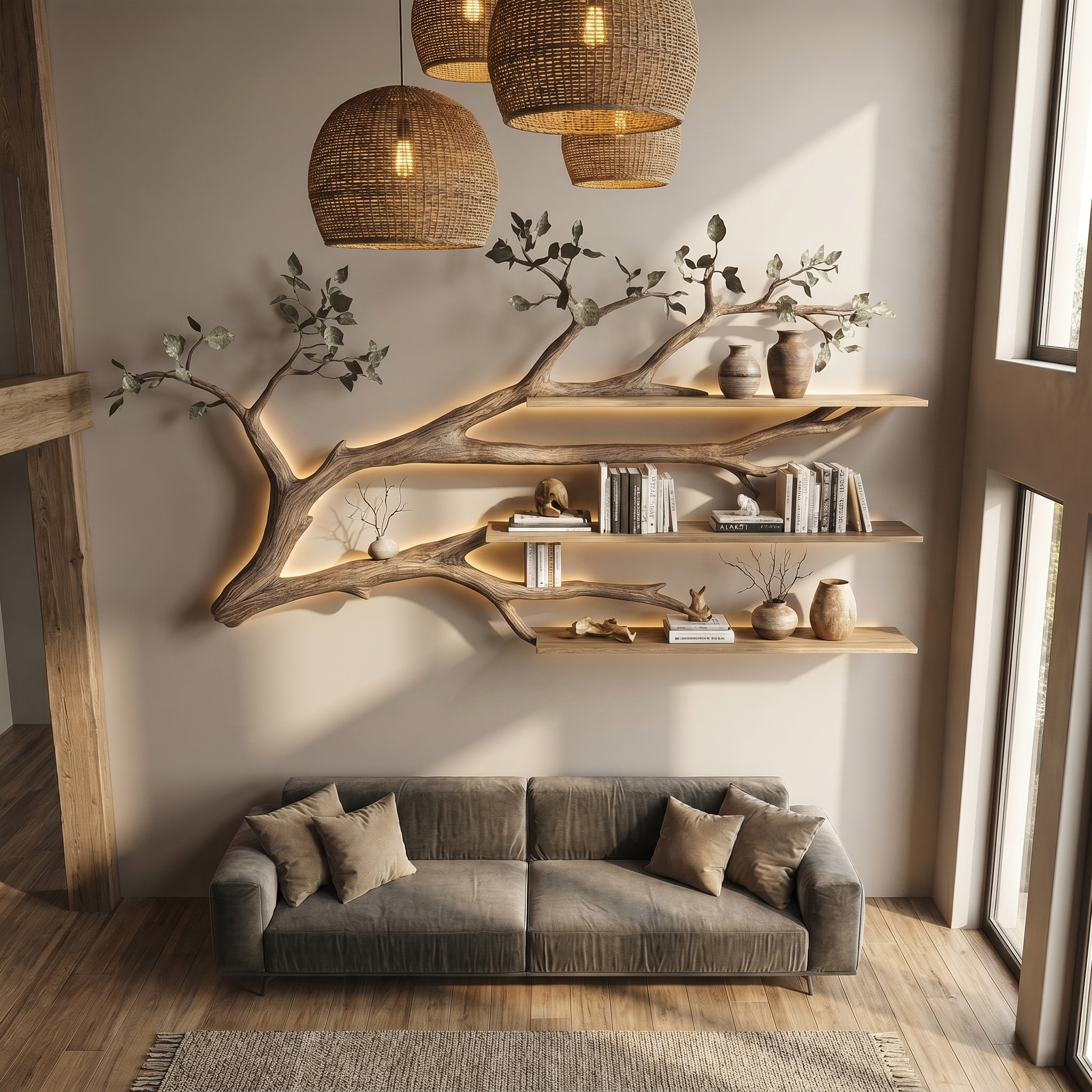 Rustic Tree Branch Floating Shelf Living Room