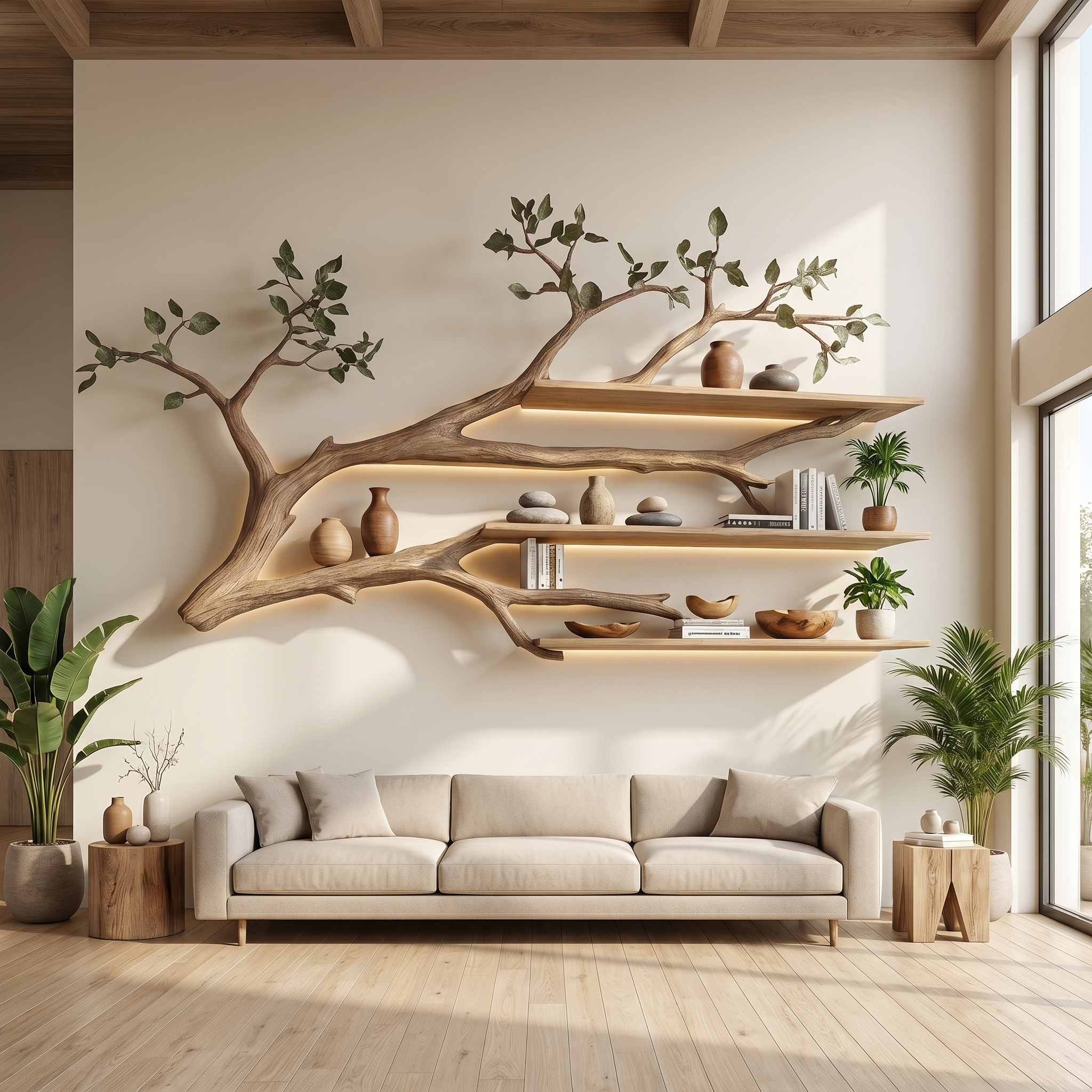 Rustic Tree Branch Floating Shelf Living Room
