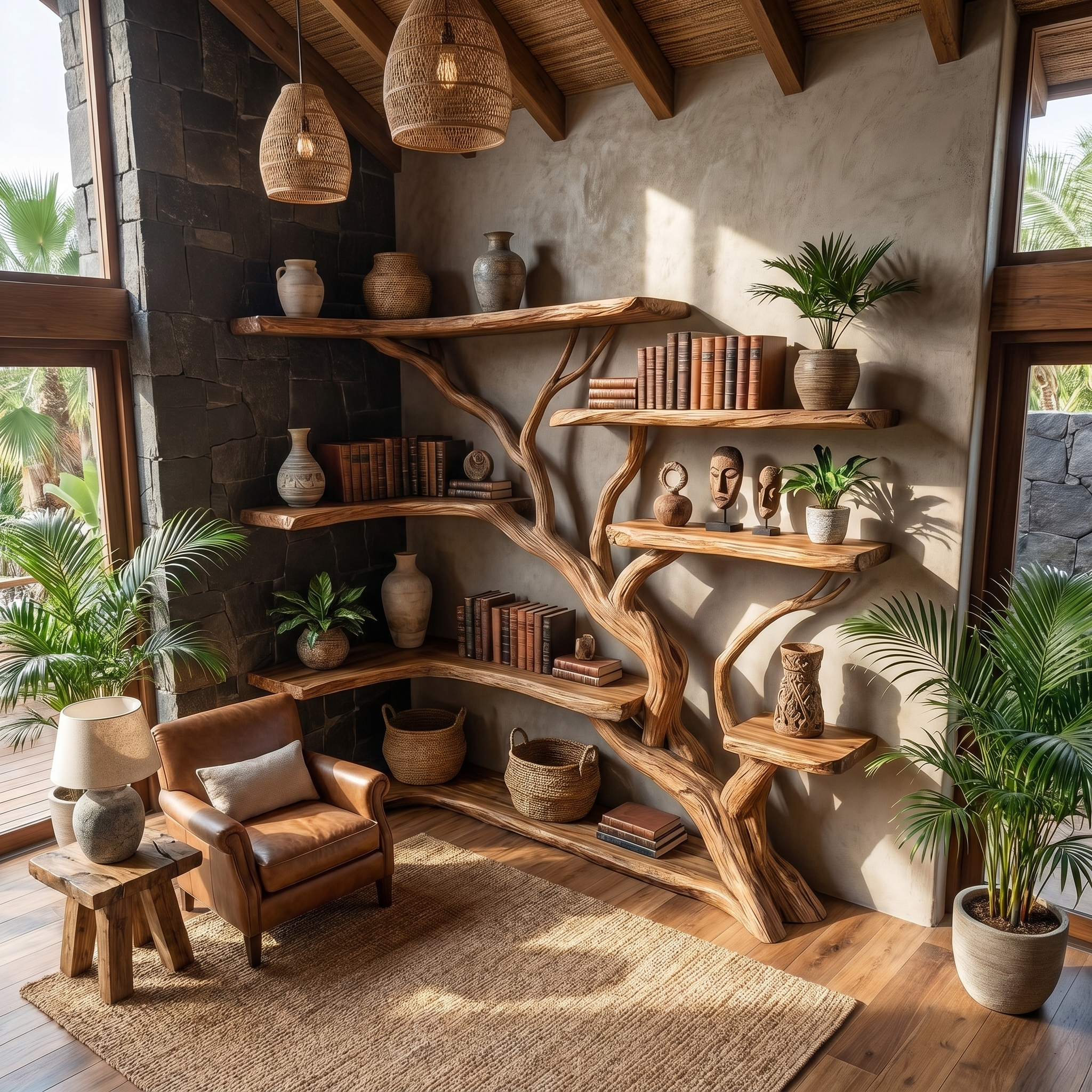 Handcrafted Tree Corner Storage Shelf Living Room Interior Feature Decor