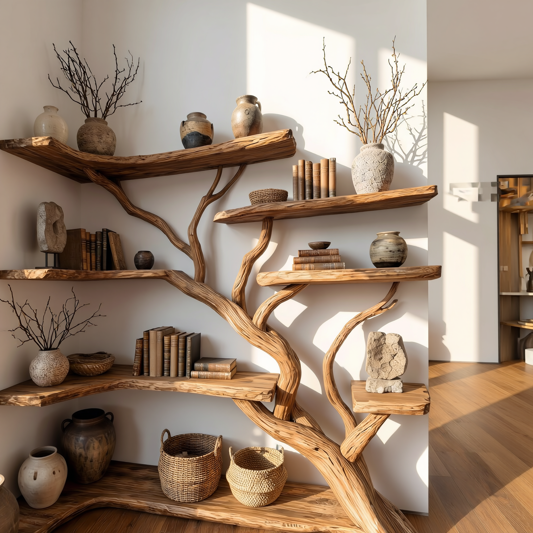 Handcrafted Tree Corner Storage Shelf Living Room Interior Feature Decor